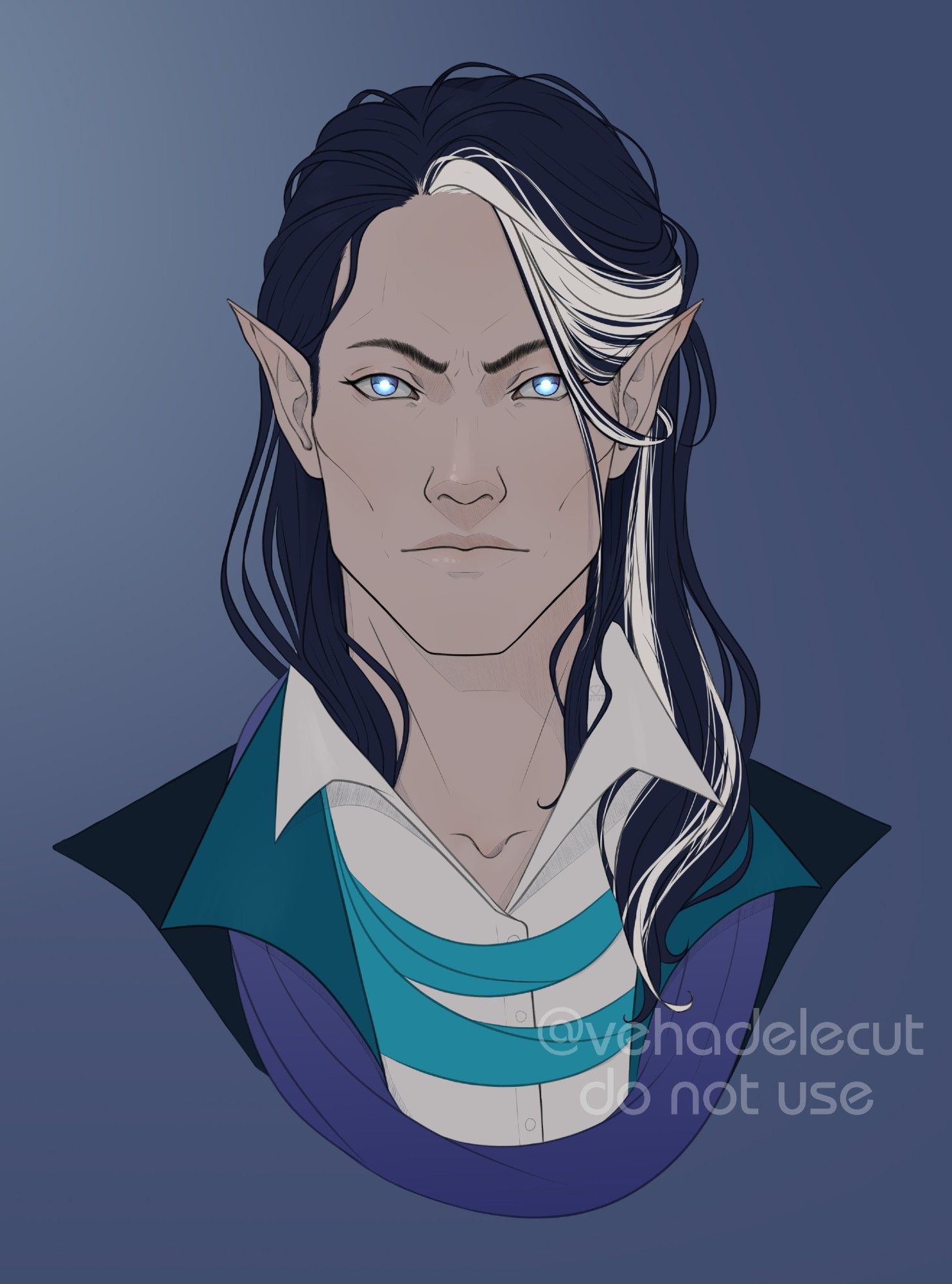 Portrait of a young sorcerer dressed in a white shirt and dark jacket. Scarves of blue and purple colors are loosely wrapped around his neck. He has dark hair with a white streak running from his forehead to his left ear. Fair skin and blue eyes filled with white light.
Art drawn for dtiys by SinXenon