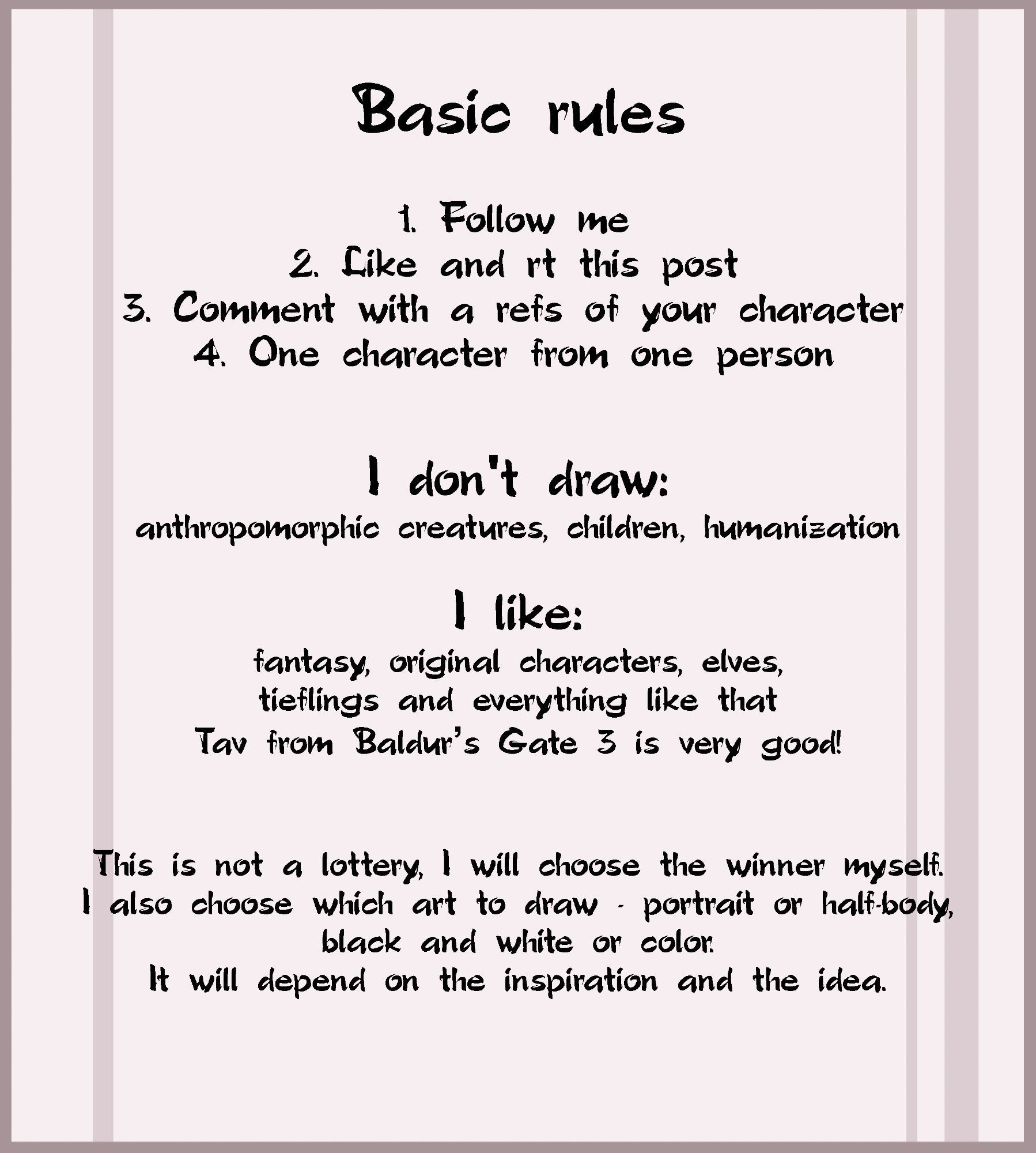 I'm choosing a character for a gift art in honor of 400 followers. The conditions are given here. Like and repost recordings, follow to me, one character from one person. Show your humanoid OC or tav from Baldur's Gate 3 in the comments.