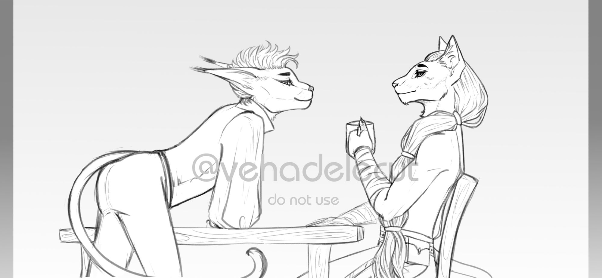 There are two tabaxi characters on the art
The semi-caracal is leaning on the table with his elbows. His ears are pulled back, he smiles at the other person and looks a little playful and smug. He is wearing a wide-sleeve shirt, tight pants and a vest. 
My OC Purpur (semi-caracal, bard-rogue) and OC of my co-author @teilang.bsky.social Mariy (oriental cat, monk of the path of the Open Paw)
An oriental cat is sitting at a table. He has long hair that is thrown over his shoulder and falls to his hips. He has a mug of tea in his hand, and he looks at the other person with a slightly surprised expression. He is dressed in the robes of a monk - a light tank top and trousers, and there is a purse on his belt.