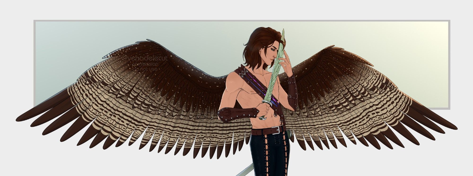 The drawing shows a dark-haired guy, a hawk-man with large, dark wings covered with a light pattern and spots. The guy is not wearing a shirt, but there is a bandolier with magic wands and dark leather bracers, as well as dark trousers with laces running along the front of his legs. A sword scabbard hangs from his belt. The falcata sword is stylized as a wing. He holds it by the hilt and the blade, the blunt part closer to the tip of the blade touching his forehead.