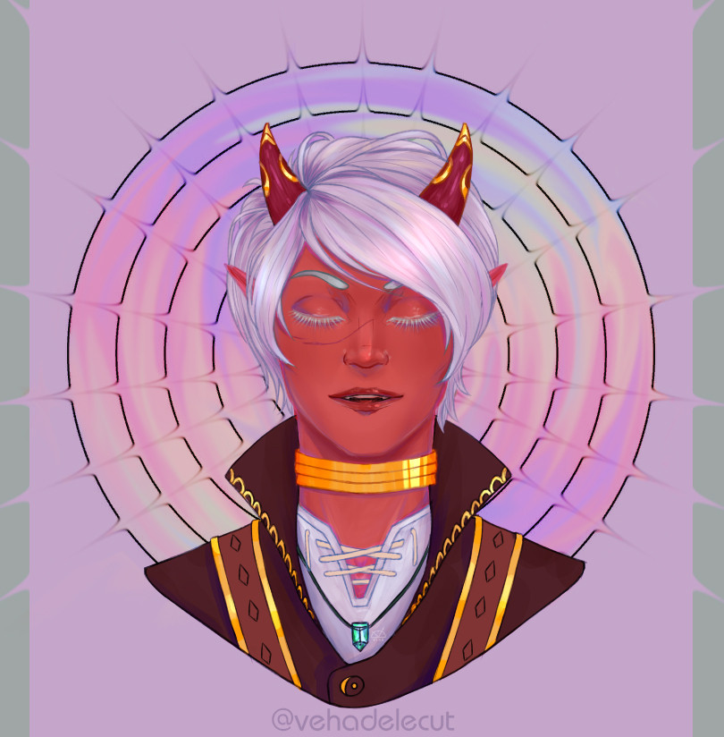 Portrait of a red-skinned Tiefling girl. She has short white hair and straight horns with gold ornaments. Brown and gold clothes. The eyes are closed, the mouth is slightly open in the song of the bard.