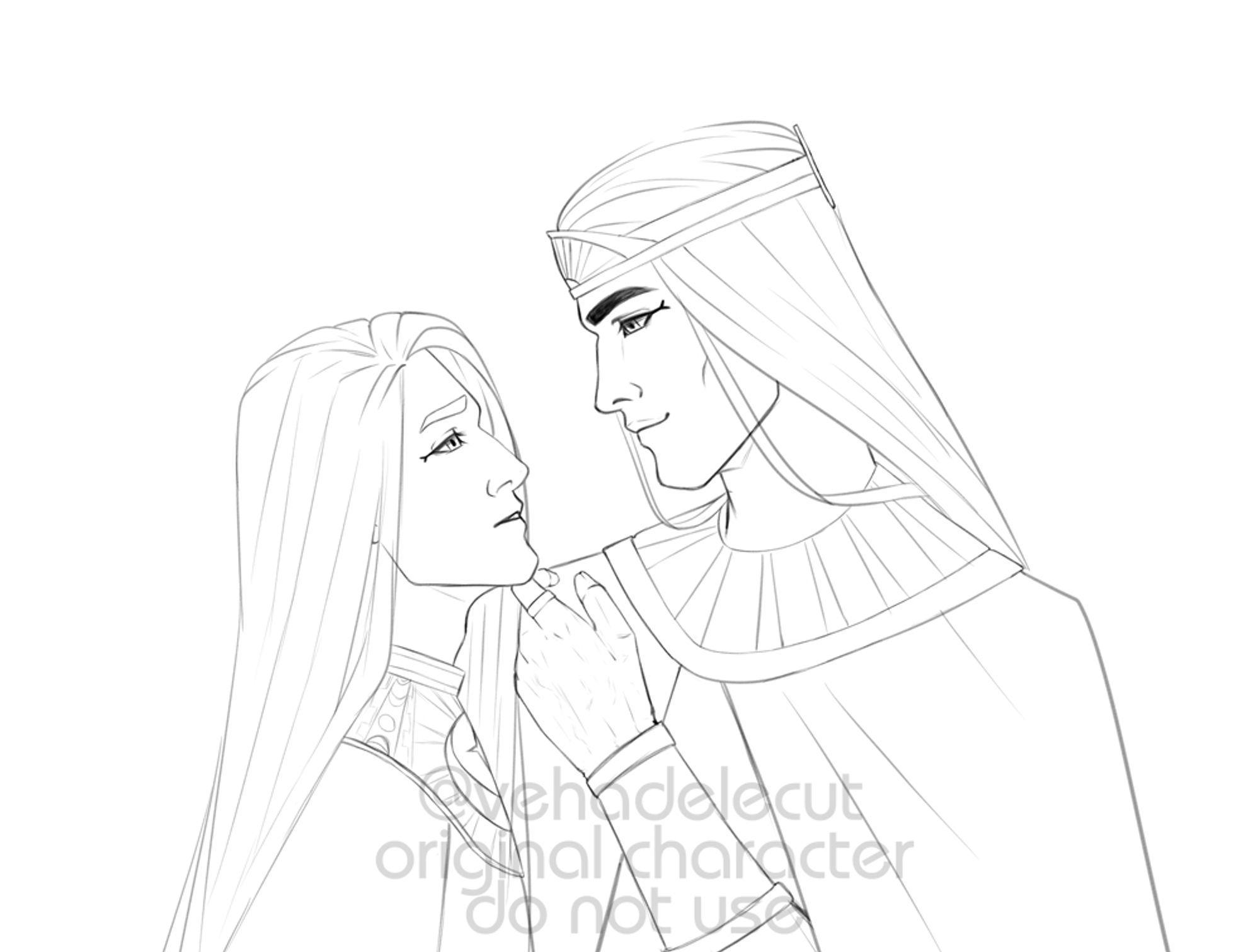 A line-art portrait of two men, my OC Maertar and Menes. 
Menes, a man wearing a pharaoh's crown with a symbol of the sun, touches Maertar's chin with the knuckle of his index finger, slightly lifting his head. He looks at the confused guy with a smile. Maertar is shorter and has very long hair that falls down his back. They are both dressed in the Egyptian style. The Usekh of Maertar is decorated with symbols of the moon and stars.