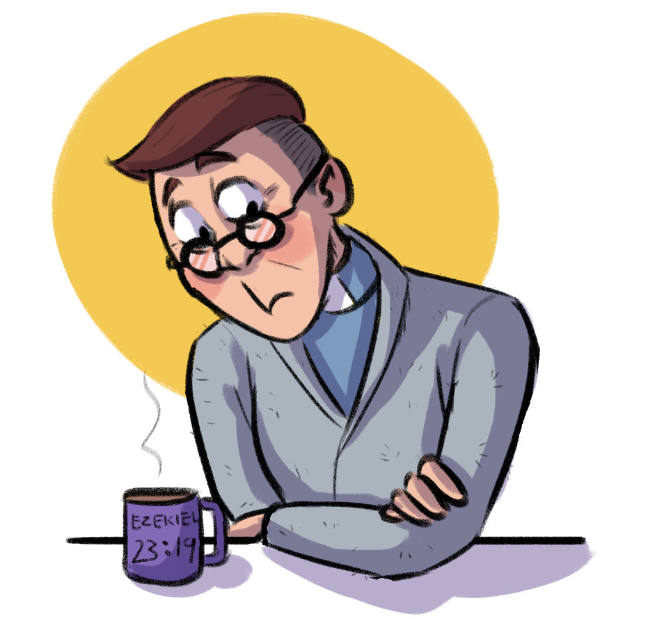 reverend putty seemingly listening to someone out of frame, with a coffee mug