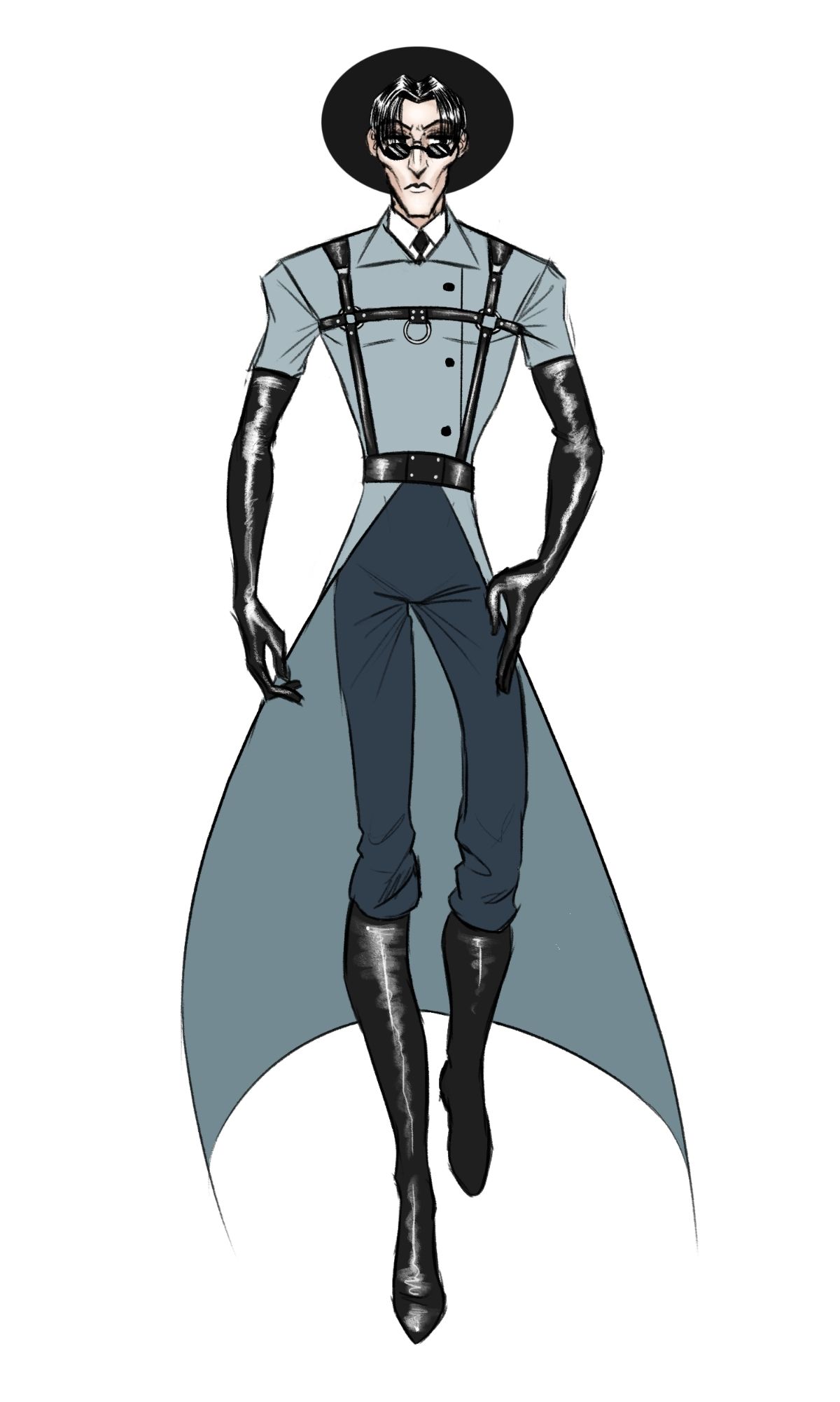 My medic oc Giovanni, who is a very tall and lanky Austrian man. he's white with black undercut hair. his nose is very prominent and sharp just like the rest of his features. he wears mostly a normal medic loadout, but the suspenders are also a part of a harness and have silver studs on them. his gloves are extra long black latex gloves with boots to match.