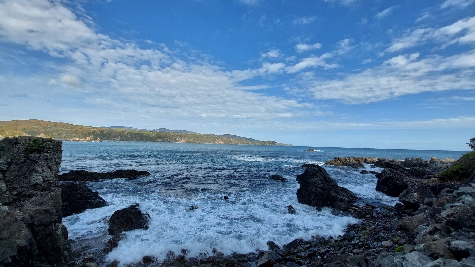 View of the wellington harbour entrance looking across a rocky reef and the ocean towards the pencarrow lighthouse.