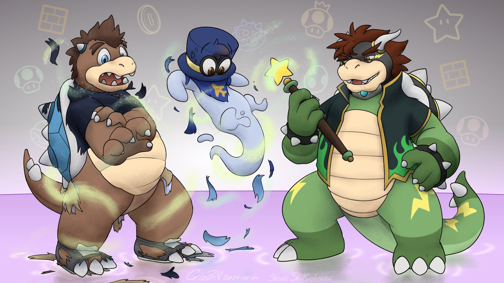 Xyron, as a green-and-black large Koopa, transforms Zeelo and I into a brown-and-blue Koopa and a Bonneter, respectively.