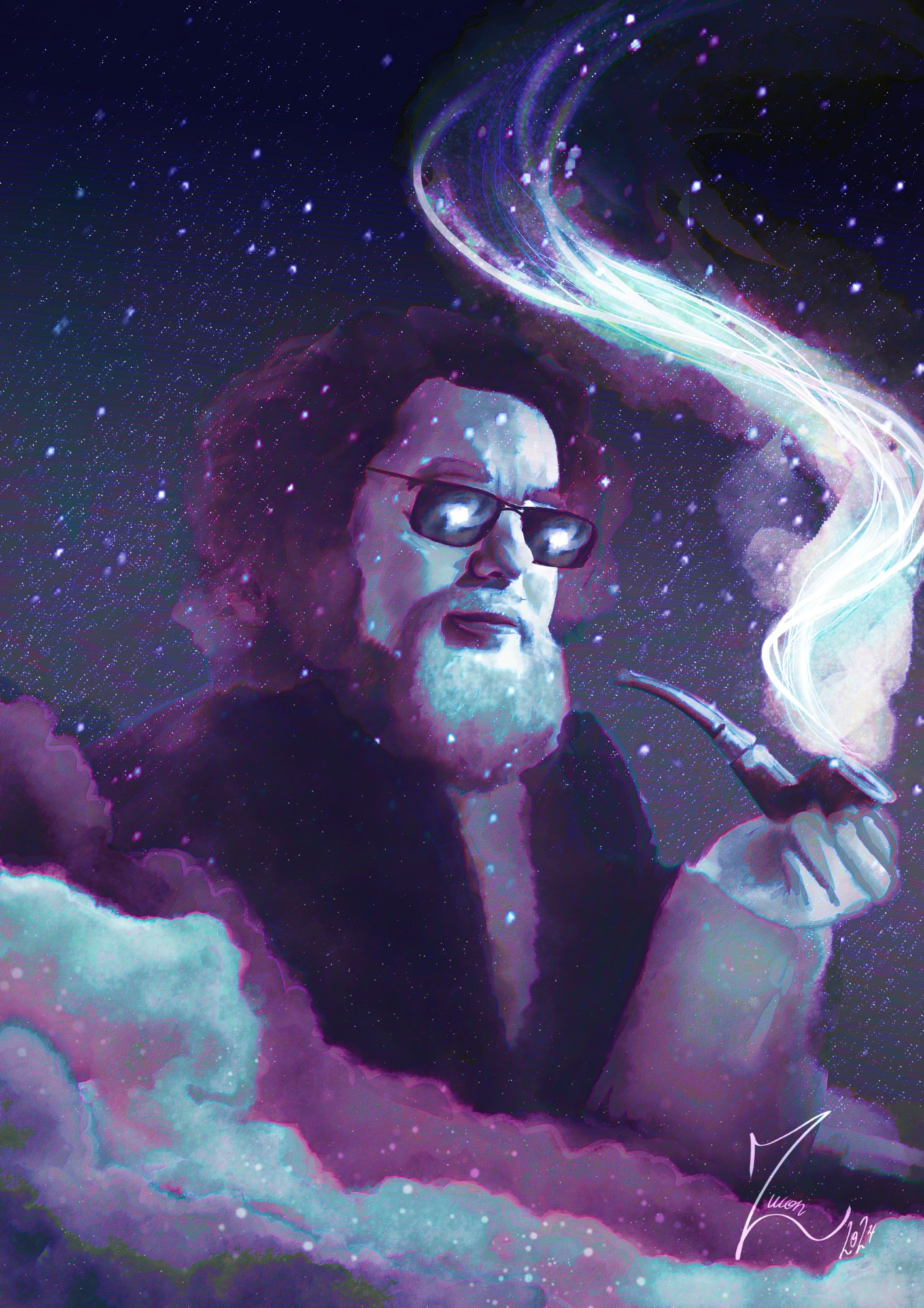 A galactic digital painting of Robert Jordan. In a spacial scene, with pinks, purples, whites and turquoise blues in different shades, Robert Jordan is holding a pipe, from which bright smoke comes out. The smoke resembles Flows of channeling. The entire image is filled with tiny stars, and in the forefront are layers of clouds or spacial dust. Jordan seems to be made of spacial matter as well, his body full of tiny specs of light. In the reflection of the lenses of the sunglasses he is wearing, is a galaxy. He looks cool. He is the Creator.