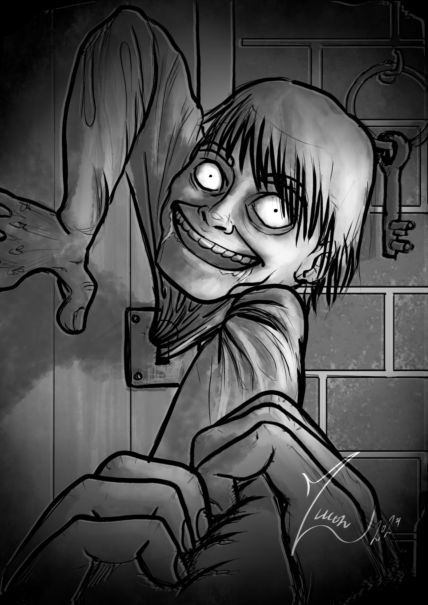 A black-and-white and cartoony digital illustration with thick black lineart and textured grey shading. A man with a psychopathic face is squeezing through and crawling out of a keyhole on a wooden door, his limbs twisted and stretching. He has tiny black dots as pupils in his crazed, wide open eyes, which almost seem to shine with how bright white the eyeballs are in the otherwise dull grey and black illustration. The eyes are of uneven sizes, the right one slightly smaller than the left one, and eyebags hang underneath both of them. His smile is abnormally wide, and the corners of his mouth are drooling with saliva. He has thin hair that hangs flat, reaching his eyes in the front. He is pushing himself out through the lock with his right hand, the stretched and twisted arm bent in a sharp angle. Next to the wooden door is a brick wall with a single key hanging from a large key ring on a hook.
The image is drawn from the perspective of you, the viewer. The crazy man is looking directly at you, and he is choking you with his left hand. The left arm is visible, reaching towards your neck, with the hand out of frame and out of view, as if it was on your throat. Your two hands are grasping and clawing at the arm. The corners of the image fade to black, as if the viewer's consciousness is beginning to fade. The gholam has you.