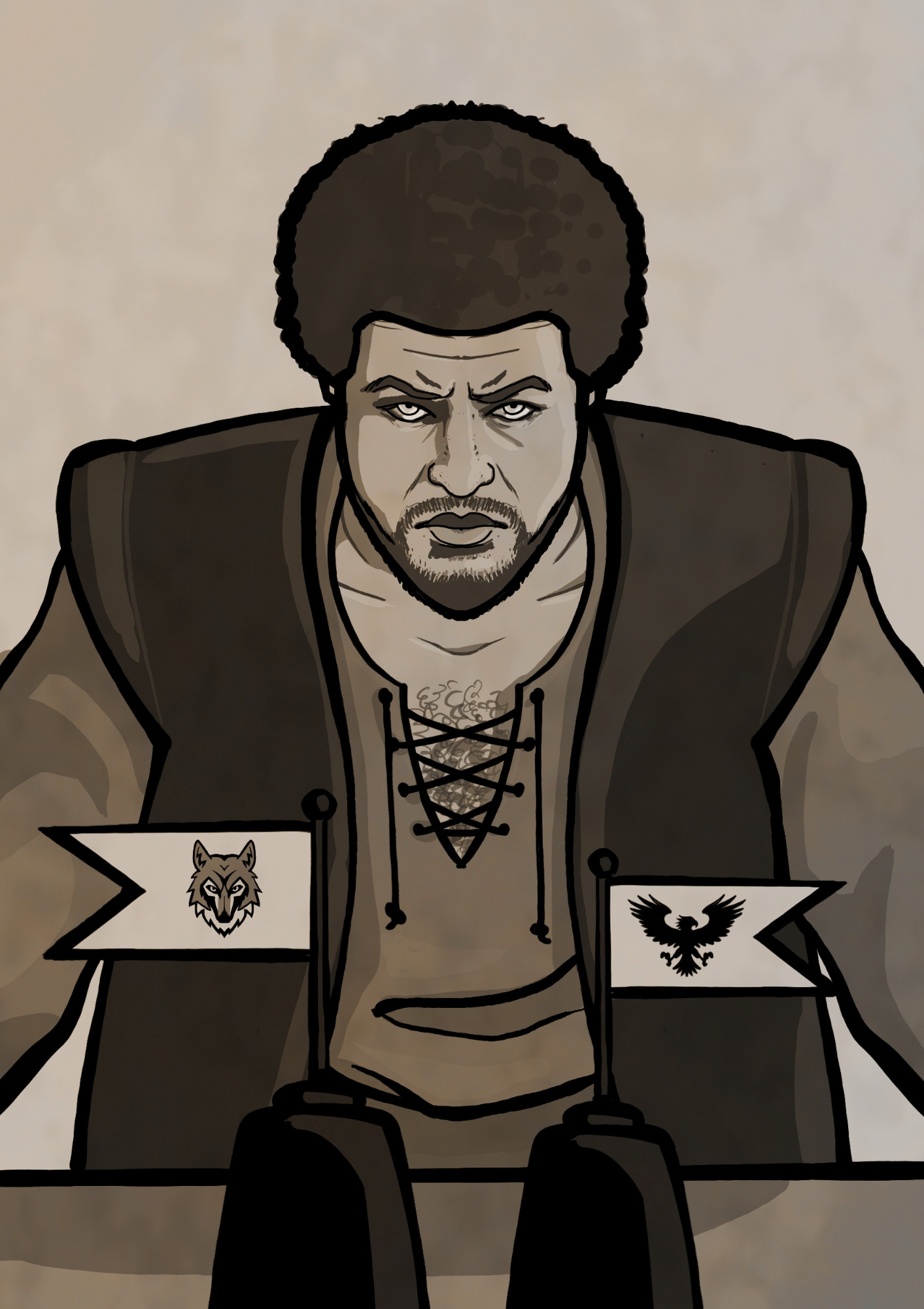 A digital illustration of Perrin Aybara, resembling his actor Marcus Rutherford. The image has little detail, focusing on bigger shapes. It has thick black lineart and flat colours, with a flat shader for each color. The colors are muted browns, beige and grey. Perrin is looking directly at the viewer with his light eyes, and a stern look on his face. He is standing behind a table, leaning onto it with his arms which are stretched out, disappearing out of frame. He has a beautiful round afro and facial hair. He is wearing a dark-beige-turning-into-caramel colored shirt with a a somewhat loose cord in the front, which allows the viewer to feast their eyes upon his chest hair, should they find it enjoyable. 
Over the shirt, he has a dark open vest with wide shoulders. On the table, closer to the viewer, are two pawns with little flagpoles and rigid banners on them. Closest banner, on the left, has a head old a wolf. The right one has an eagle with spread out wings, legs and tail.