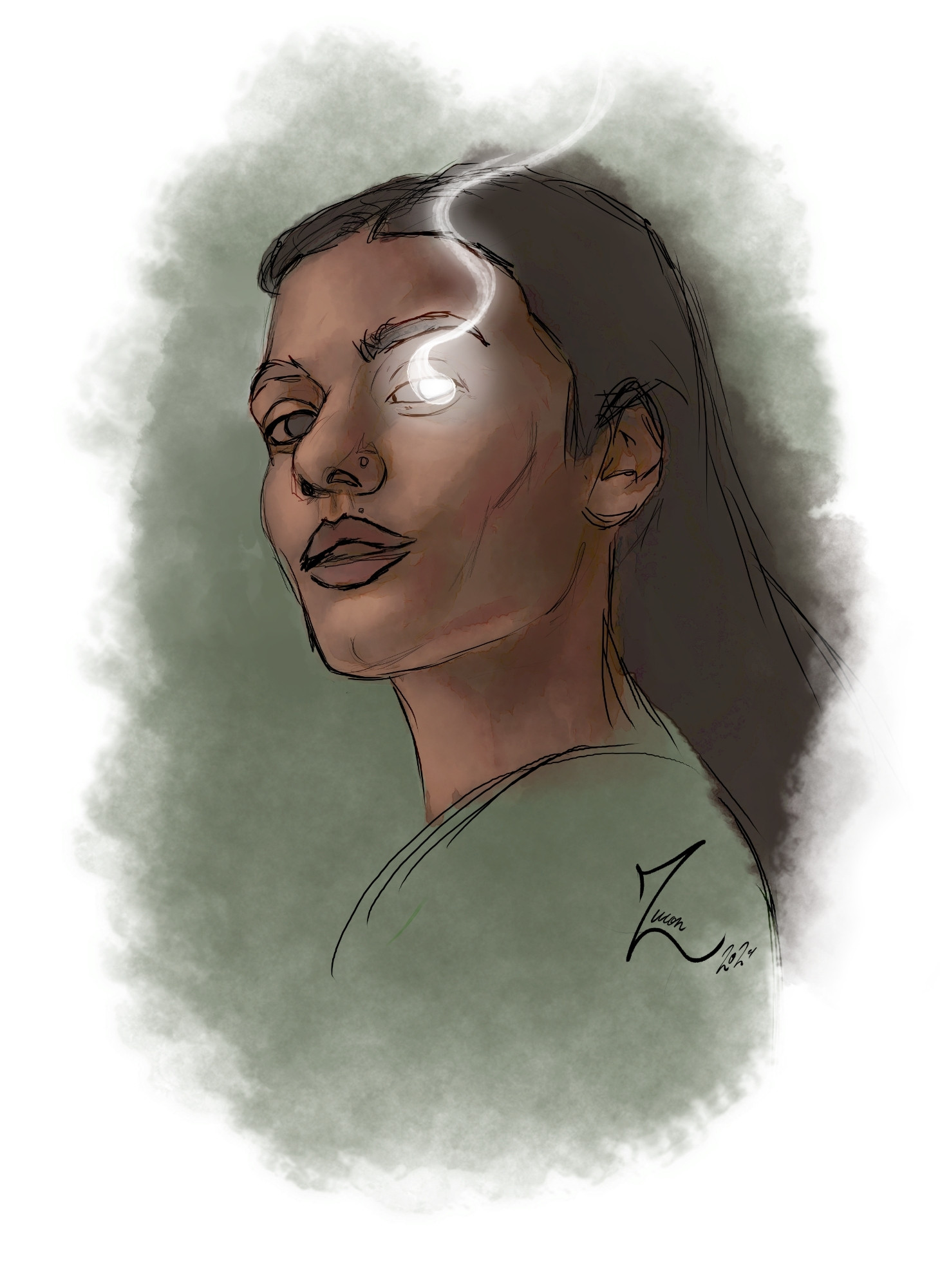 A sketchy digital portrait of Madeleine Madden as Etwene al'Vere. A black line sketch is left visible, and the picture is painted with low saturated colors. Egwene is looking down at the viewer, with a hint of a smile in the corner of her mouth. Her left eye burns white with a flame that trails up and away.