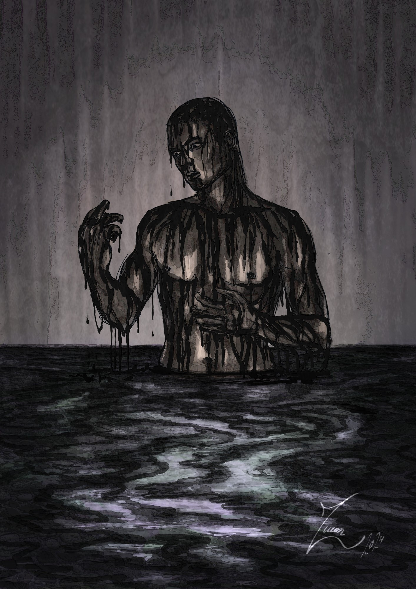 A digital painting with rough texturing, painted in very low saturated and muted hues, shades of grey and black. Josha Stradowski as Rand al'Thor is seen standing, from waist up, in a dark and disgusting looking liquid. Brighter and "clean" spots are visible in the liquid, but black, vein-like oily lines and spots cover most of the surface. It has a very faint sickly hue of green and purple. Rand is in the nude, and covered in the drooping, oily black substance. He is looking at it drip off of his lifted hand in shock. The background is mostly greyscale, with a hint of a brownish hue, and has faint vertical lines in a darker shade, to emphasize the dripping and drooping.