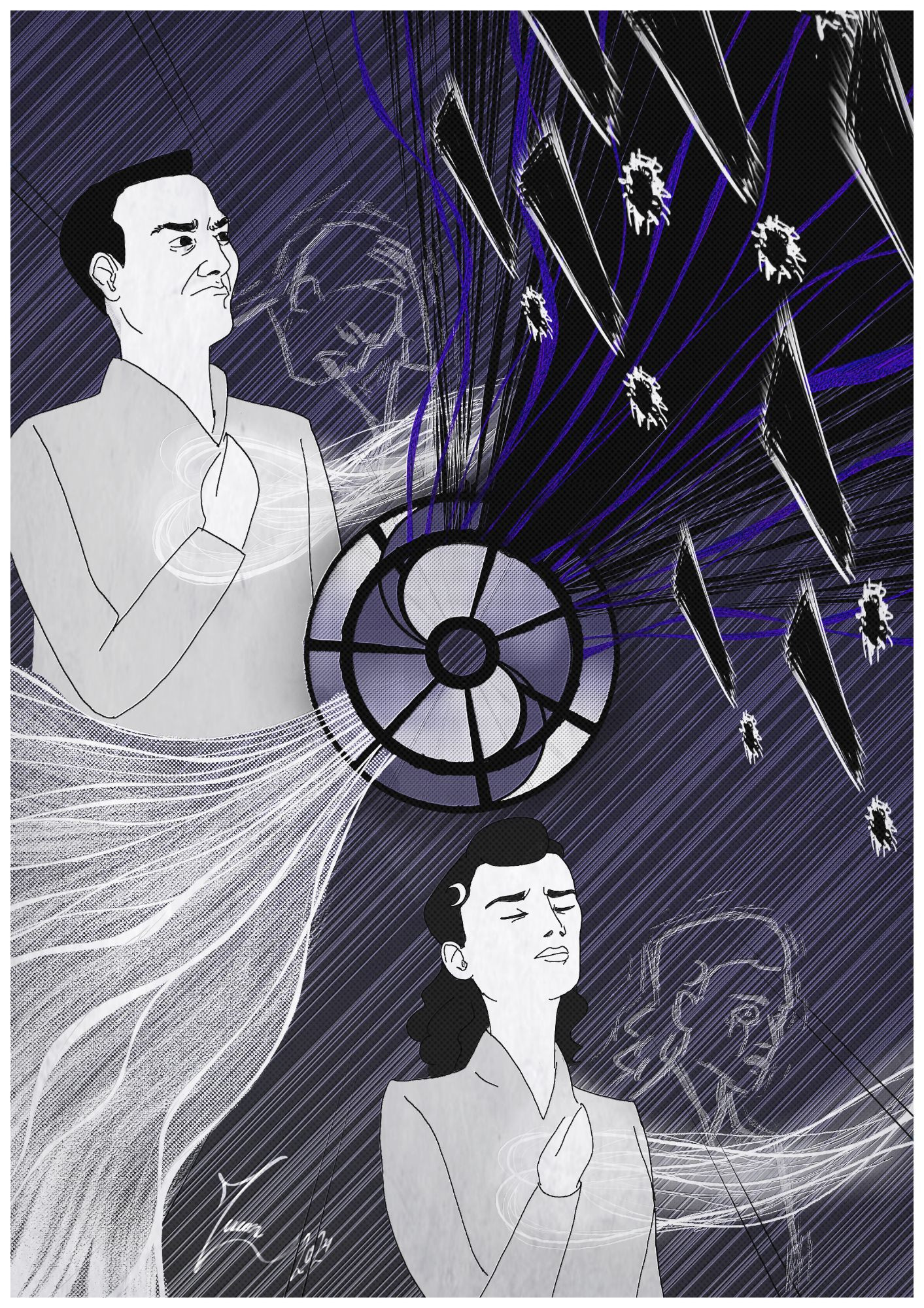 A digital illustration in comic style, resembling a comic panel. In the top left corner is a stern Beidomon in a light coat, holding his left hand to his heart. White flows of Spirit flow out from beneath the hand. Next to him is a white and shaky silhouette of himself holding his head in pain. Bottom center of the pic, is Mierin, in a similar coat and pose, channeling flows of Spirit as well. Next to her is a silhouette of herself, eyes wide in shock, tears running down her face.
In the center is a 7-spoke wheel, with the ancient symbol of the Aes Sedai behind the spokes. From the bottom left, a wide wave of white flows of the One Power gather together and hit the wheel. From the top right edge of the wheel, exploding outwards and covering the top right corner of the image, is a wide column of black energy and dark purple tendrils. On top of them, shaky exclamation points emphasize the power.
The background is a gradient from grey to purple, and filled with diagonal action lines.