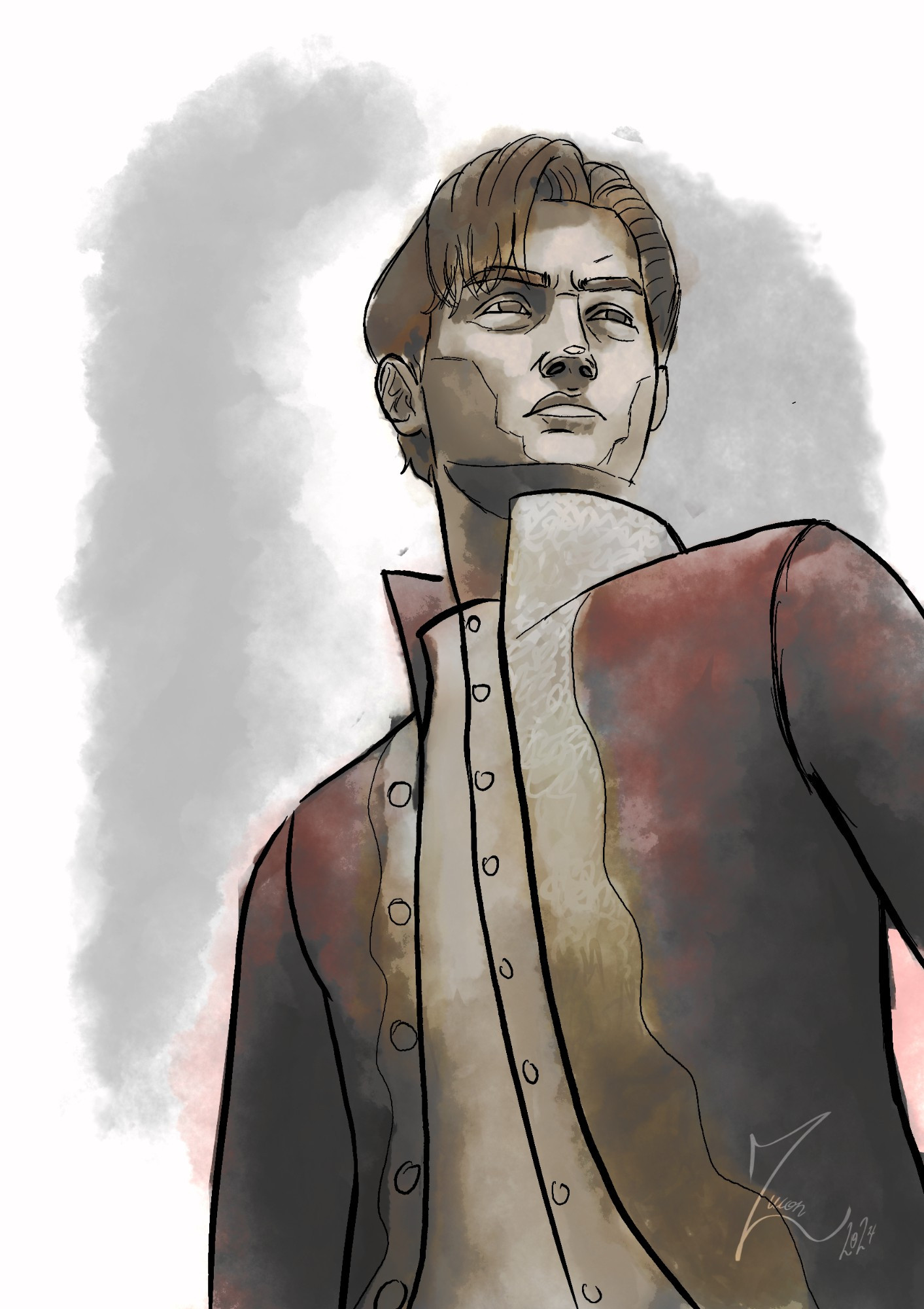 A sketchy digital painting with watercolor texture, of a low perspective and waist-up view of a man. He is wearing an open red jacket with an embroidered golden high collar, the gold edge continuing down on the front. Underneath is a light coloured button up shirt. He is looking towards the right side of the image, with furrowed brows and slightly squinted eyes. His face could be described as handsome. His hair is smooth and combed back, except for the curtain bangs left hanging on the right side of his face, reaching his eyebrow. He has a light complexion and his hair is an orangish light brown.