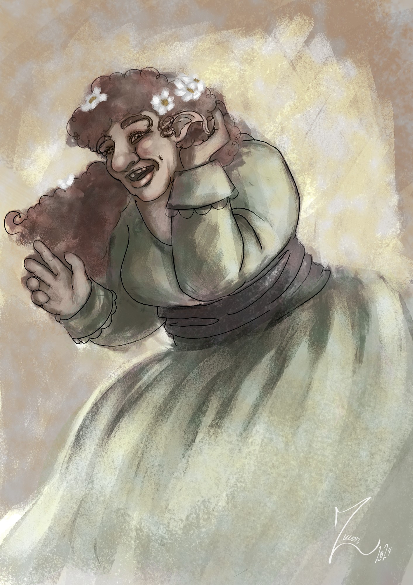 A sketchy digital painting of Erith daughter of Iva daughter of Alar. She is holding her curly hair back behind her left ear, and has lifted her thick right hand into a little greeting. She is smiling with an open mouth, where wide teeth and a gap between the two front teeth are visible. She has a full bottom lip and a very thin top lip. Her large nose is round and has a hint of rosiness, as do her apple cheeks. Her eyebrows extend from the side and curve down to meet the corners of her eyes. Her hair is very curly and brown, with a bit of a red hue to it as well and it is flowing in the wind. White flowers with golden centers adorn the hair. Her ears are large and curve down, and have little hanging tufts of hair at the tip. She is wearing a muted green dress with a v-neckline and long sleeves with turned cuffs. A wide dark sash is tied to her waist. The bottom half of the dress is flowing in the wind and it gradually blends into the shapeless autumn-colored background.