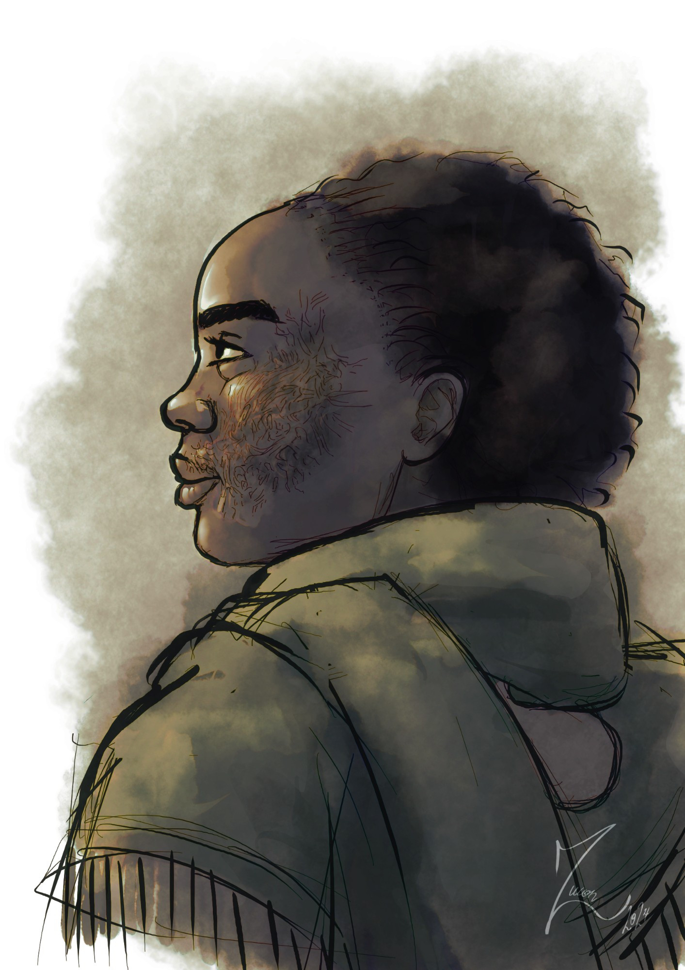 A sketchy digital painting, with low saturated colors, of a woman's side profile, seen from behind her left shoulder. She is facing to the left, towards a source of light not visible in the picture, and her sight is turned toook upwards. She has a dark complexion, a round forehead, a black afro hairstyle, thick eyebrows, a short round nose, full lips and a short round chin. The side of her face is covered in a large burn scar. The corner of her mouth is turned to a smile. She is wearing a green shawl with fringes, that is wrapped around her neck and shoulders. On the back, barely visible and partially covered, is the white Flame of Tar Valon.