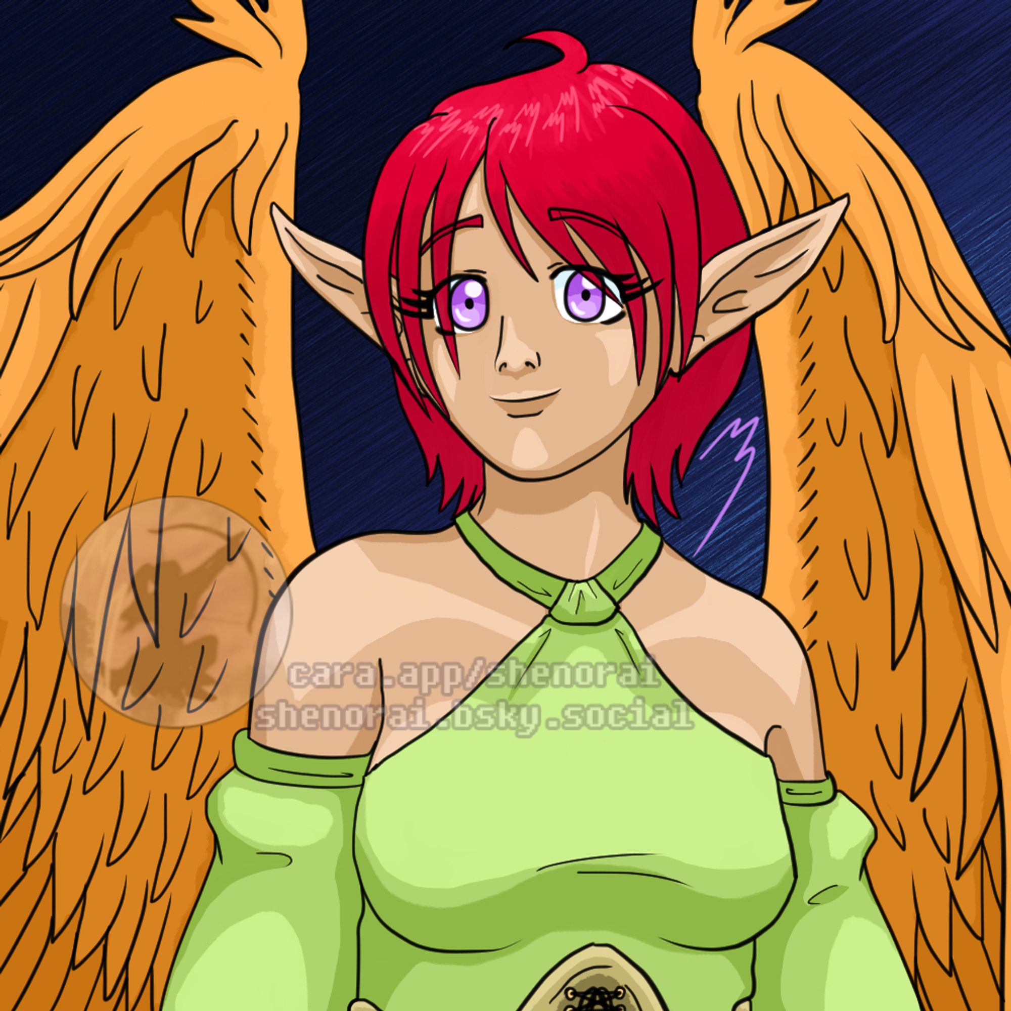 Against a dark blue backdrop, we see a bust of Leondra Solvane. She smiles softly at the viewer.

As an Averi, Leondra has tapered ears, amethyst purple eyes, and a pair of golden feathered wings upon her back. Her skin is lightly tanned and her rose red hair is cropped short. She wears a green halter top with an olive corset and matching baggy sleeves.