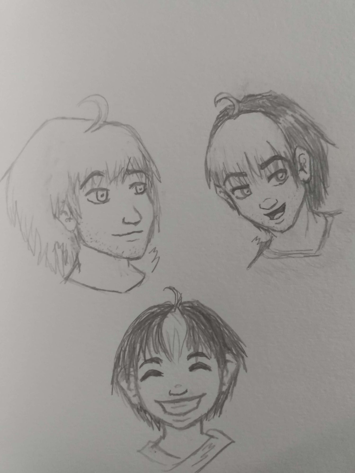 A traditional pencil sketch of three headshots of Ashiru.

In the top left is Ashiru as adult. His hair is completely white.

In the top right is Ashiru as a teenager. His bangs are white whilst the rest of his hair is black.

In the bottom center is Ashiru as a child. There's only a patch of white hair in the middle of his forehead whilst the rest of his hair is black.