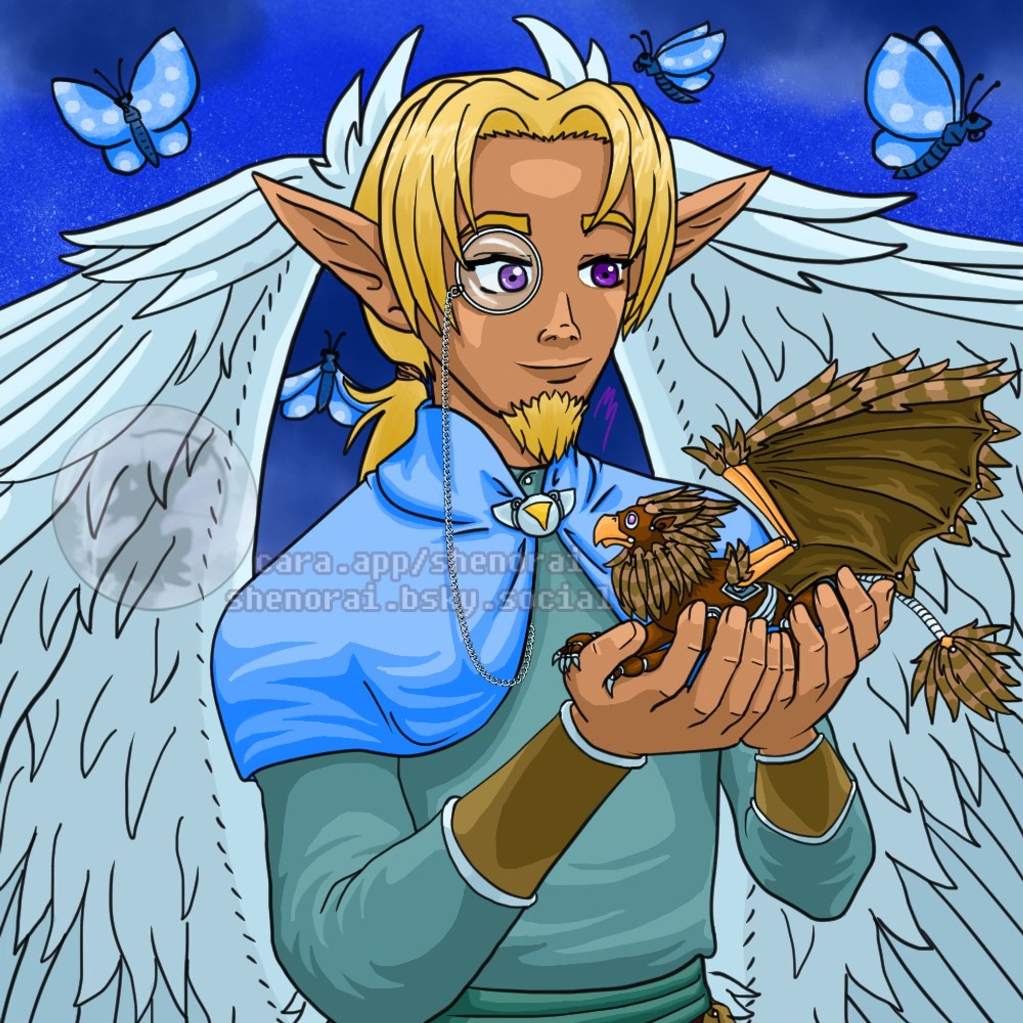 Against a dark sky we see Armon Balbory holding aloft his griffon golem, Piper. Four blue butterflies are seen flitting about behind him.

Armon is a silver-winged Averi. He has tanned skin, violet eyes with a monocle affixed over his right eye, and his blond hair is neatly kept in a low ponytail. Over a green tunic with leather vambraces over the sleeves, he wears a blue shawl pinned on by a silver brooch. A green sash holds a pack to his hip.

In his hands is a brown golem construct of a griffon, with tawny feathers, leathery wings, and metal fittings to ensure smooth movements.