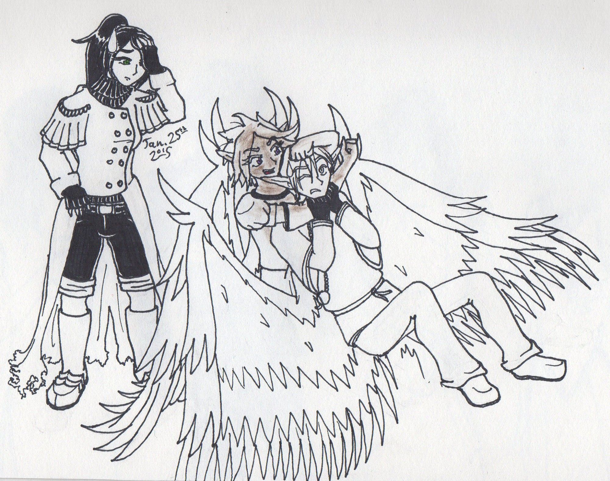 We see a traditional ink drawing dating back to 2015.

Shenorai has failed to hold back Leondra and is facepalming as she looks on. Leondra has Armon on the ground in a headlock and is exacting revenge upon her cousin by giving him a noogie. Armon is trying to pry Leondra's arm out from under his chin and failing to do so.