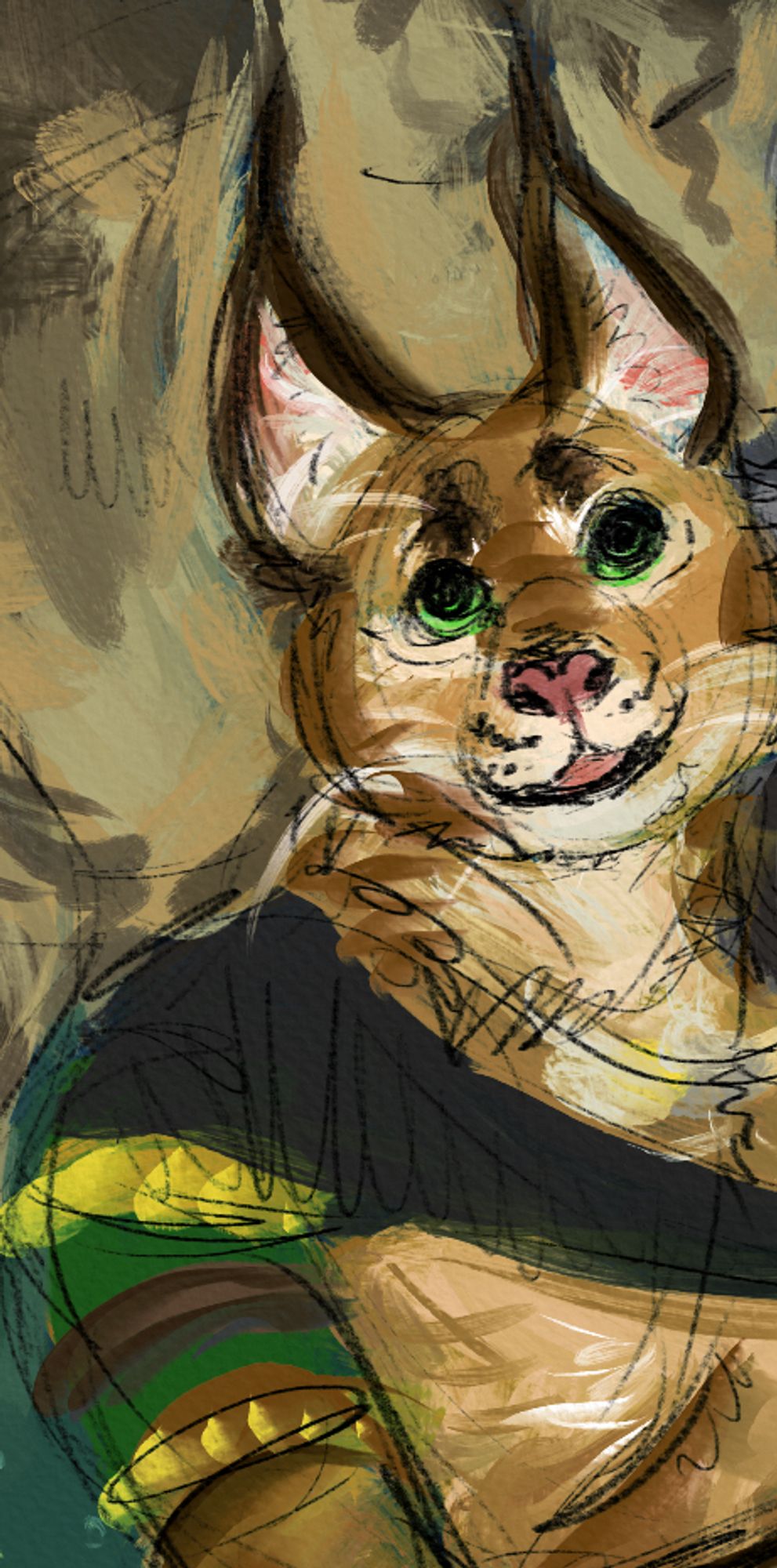 A Caracal looks upwards with a smile on his face. He wears a green and black shoulder piece and you can see the beige fluffiness of a massive smiloden cat stomach that he is lying on