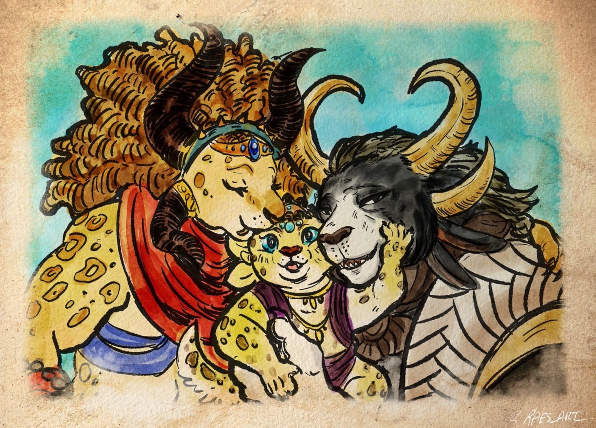 Three charr sit for a portrait. A baby is in the middle smiling brightly while she clings to her tuxedo cat furred father. On the left the mother with textured afro hair kiss her daughter on the forehead.