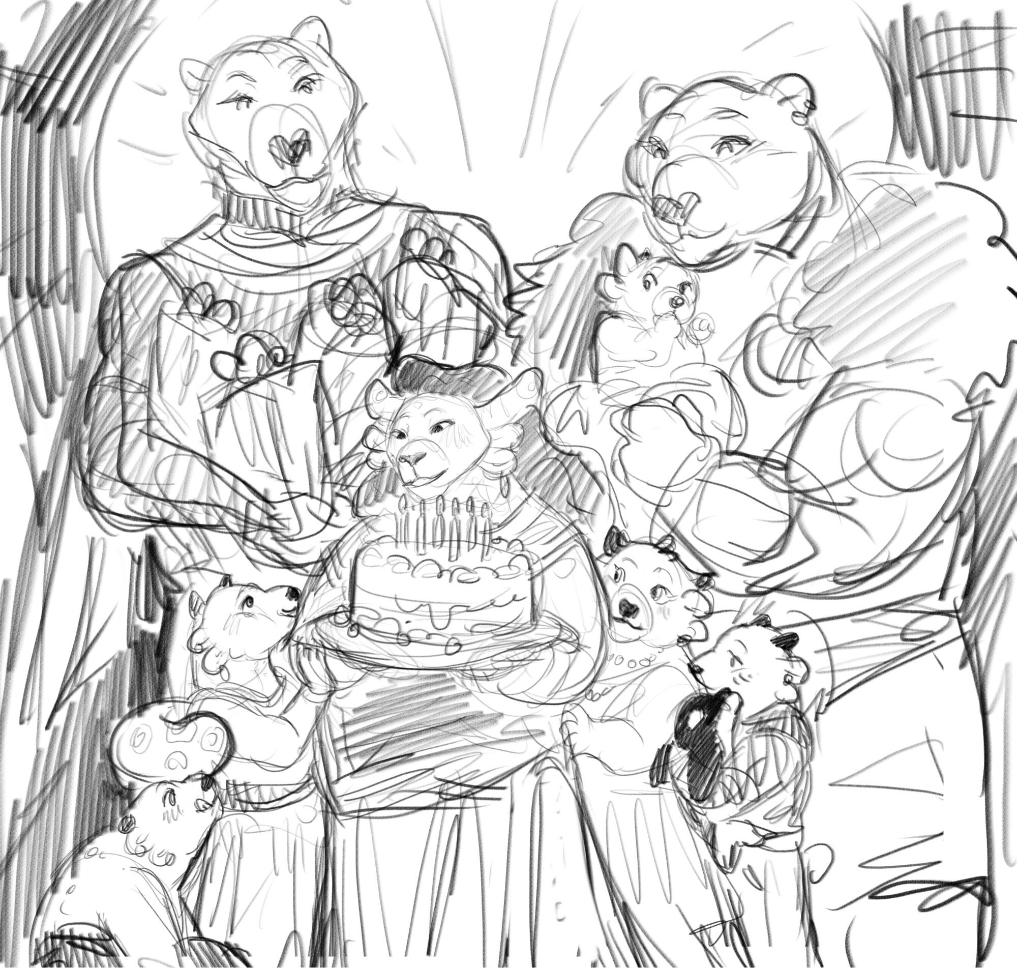 A charr (jaguar with bull horns and two sets of round ears) carries a cake and is surronded by four of their children. Behind them is their husbands, a muscular well built bear whose arms are filled with gifts and a fatter bear who carries their youngest one year old son.