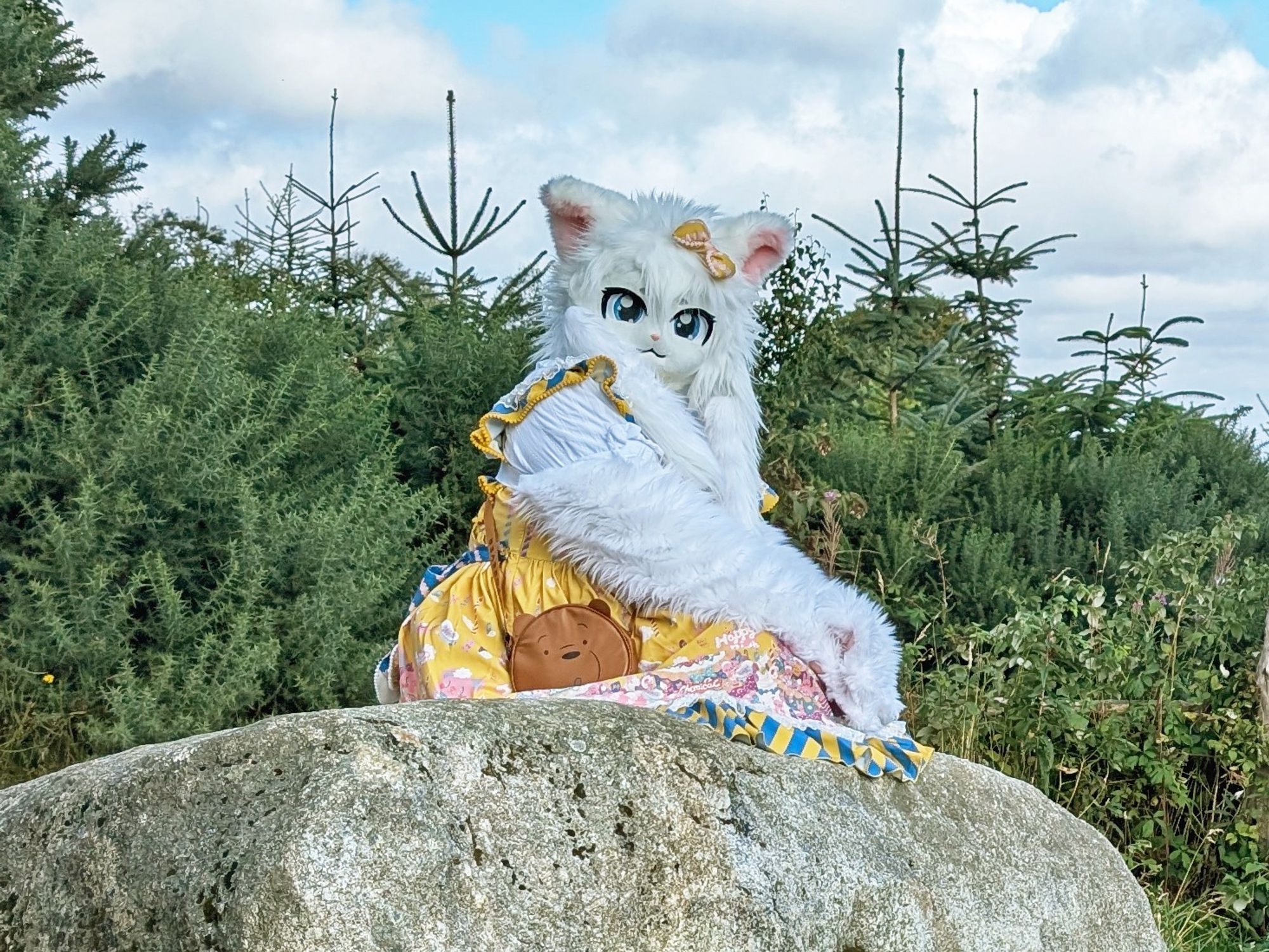 A white cat fursuiter with a yellow dress is sitting on top of a massive rock.