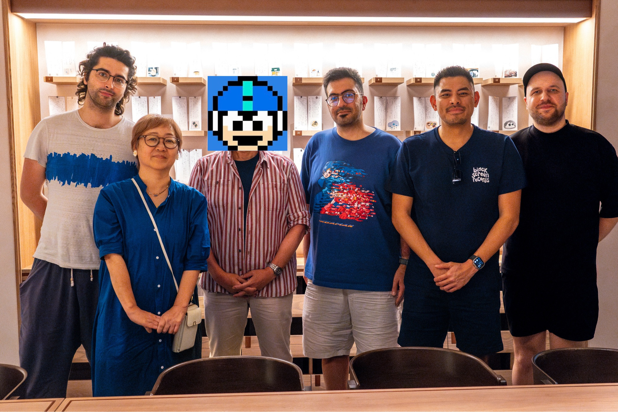 A dinner meeting with Brave Wave members and Mega Man creator & director Akira Kitamura. From left to right: APWOT director Caspian Whistler, Mega Man 3 composer Harumi Fujita, Mega Man creator AK, Brave Wave director Mohammed Taher, Brave Wave CEO Alexander Aniel, and Black Screen Records CEO Kevin Schulz.