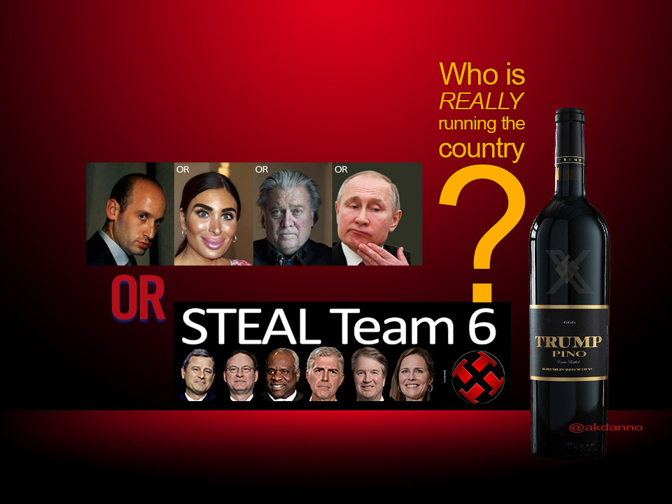 a bottle of trump PINO (president in name only) red russian whine is accompanied by photos of steven miller, laura loomer, steve bannon and pootie, along with a group photo of steal team six, supreme court members roberts, alito, thomas, garland, kavanaugh and coney barrett.
"Who is REALLY running the country?"