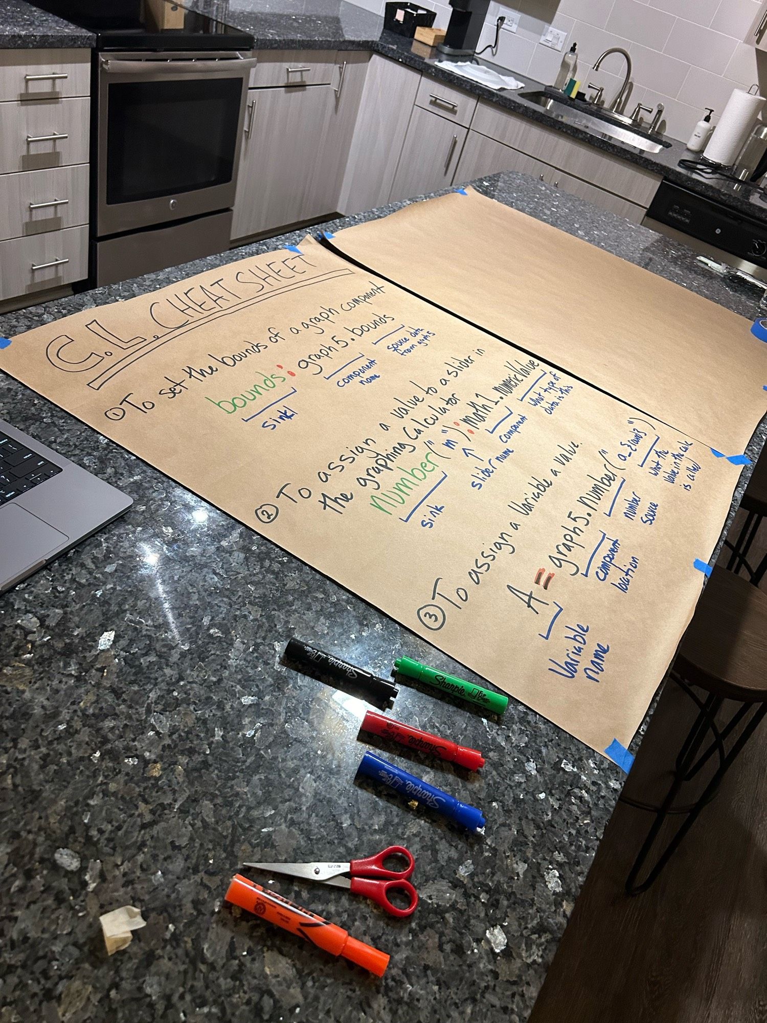 Two large pieces of butcher paper on a very nice granite countertop on a kitchen island.