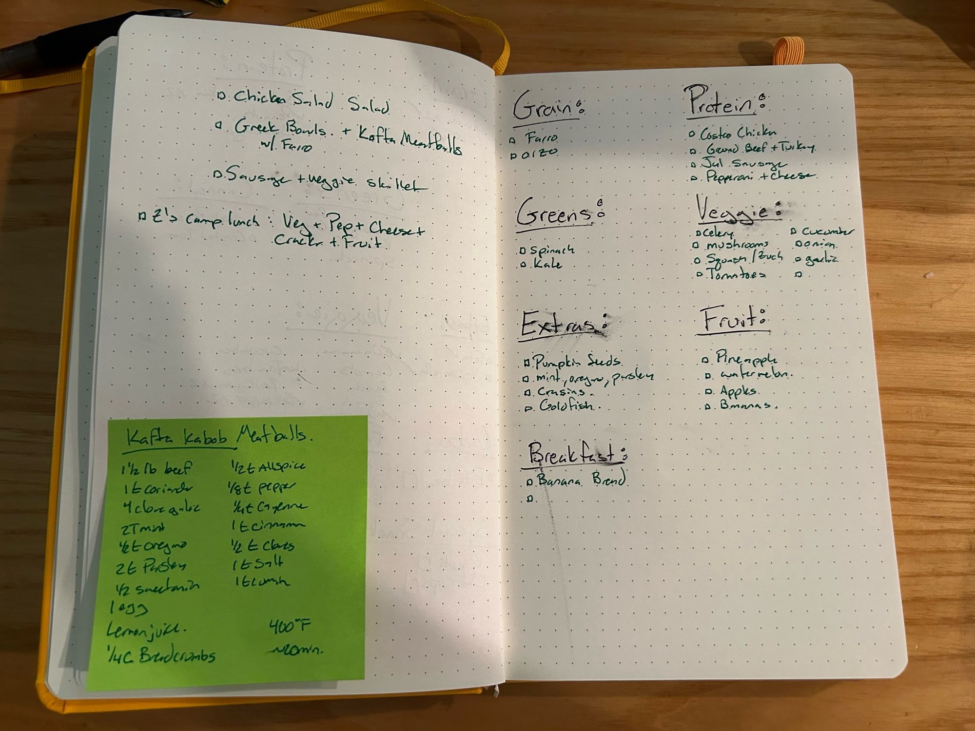 An image of an open notebook with meal plan thinking. There is a recipe for kofta meatballs and the meal list on the left. The right has the ingredient list brown down into grains, protein, greens, veggie, extras, fruit, and breakfast.