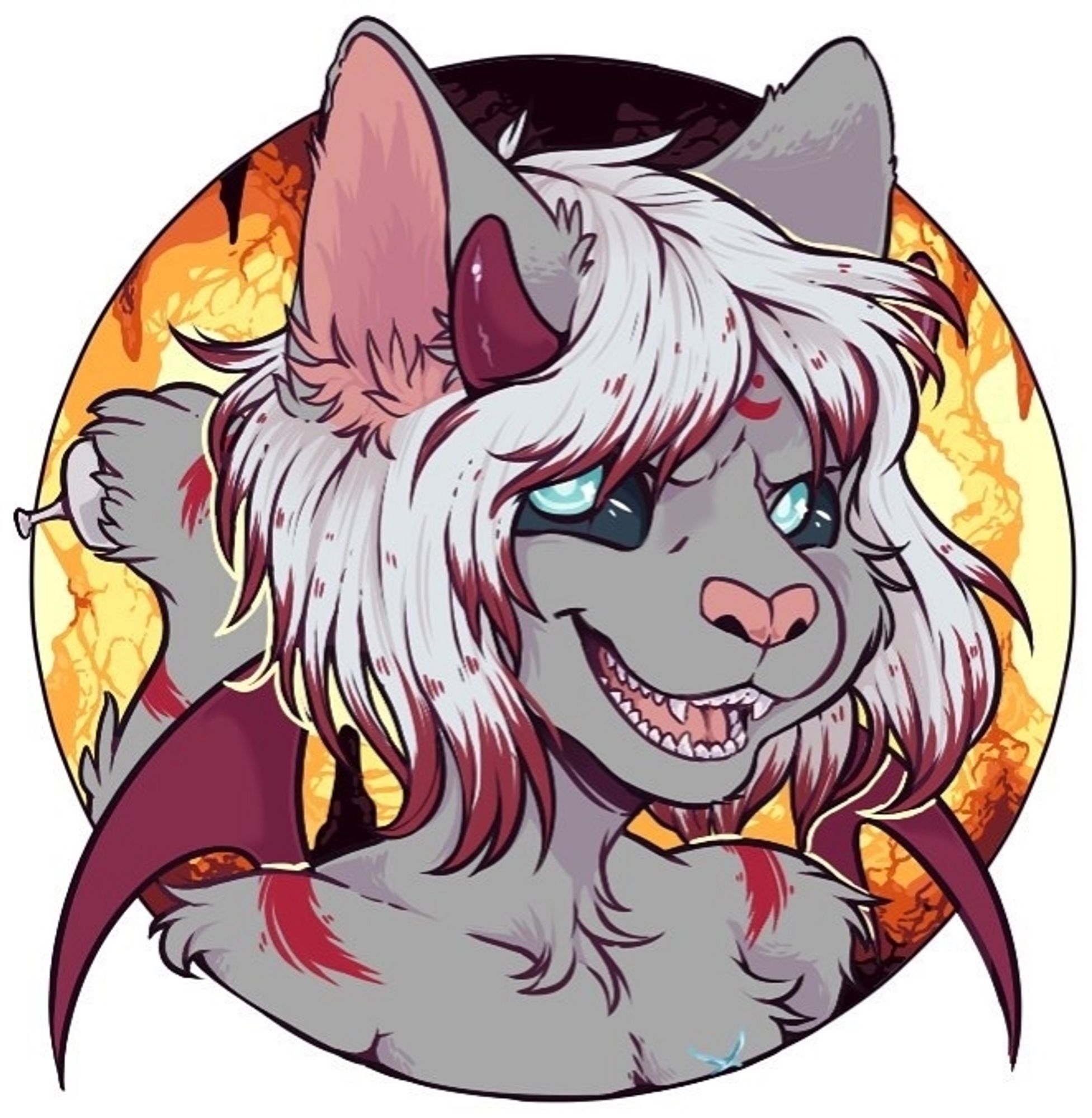 profile picture of my fursona Vitalia, she has sanguine horns and wings behind her giving her the appearance of a succubus, fire and brimstone rains behind her.