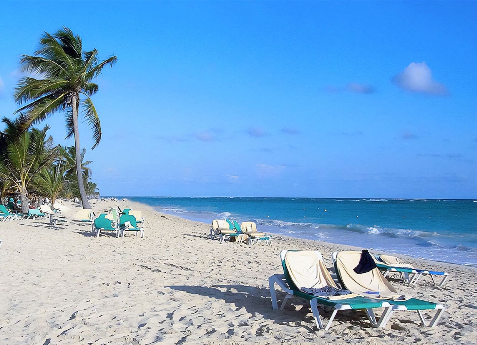 Ein ruhiger Sandstrand mit leeren Liegestühlen und Palmen, die sich im Wind wiegen. Der blaue Himmel und das türkisfarbene Meer erstrecken sich in die Ferne.