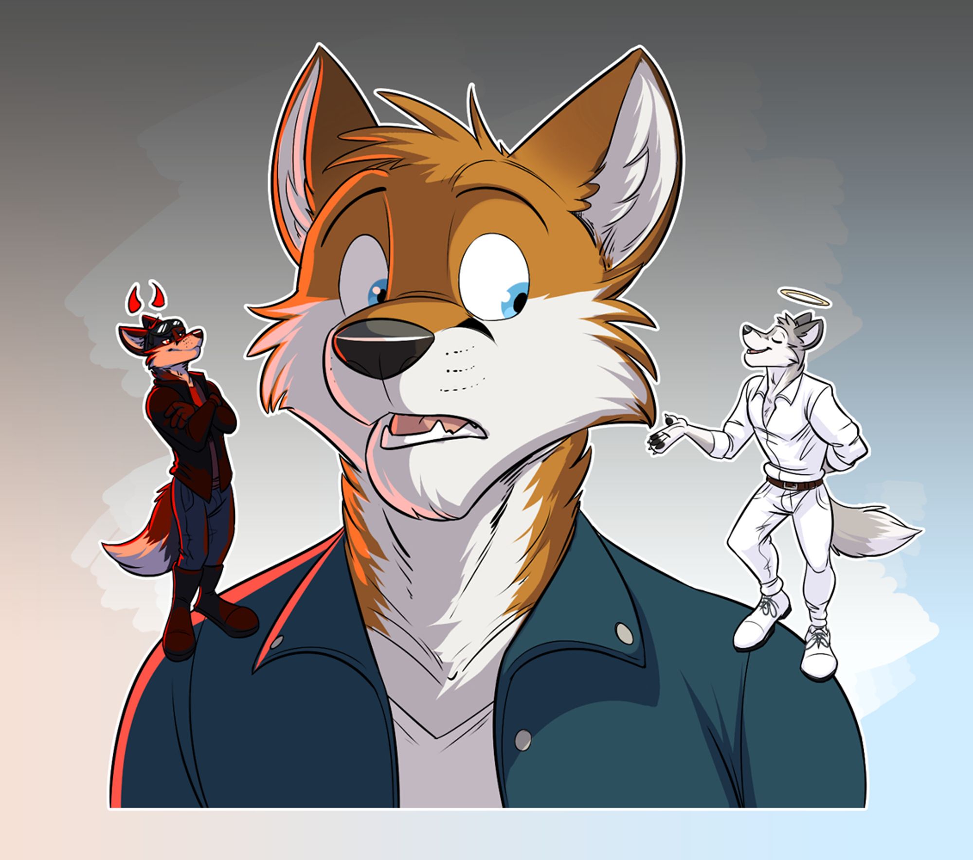 Scott, an anthropomorphic fox, is looking nervously over at a white fox, dressed in a white shirt, white jeans, a brown belt, and a halo, who is gesturing at Scott as he talks to him. To our left (Scott's right), is a shoulder devil, a fox with black fur, a leather jacket, red shirt, blue denim jeans, fingerless gloves, sunglasses on the top of his head, and black boots. He also has two red horns floating above his head like a halo. The black fox has his arms crossed with a smirk as he waits to speak. Both the shoulder angel and devil are Scott's other two characters (Chase, the angel, and Tyler, the devil). Scott's face is more heavily shadowed than usual, with a red rim light, on the devil side, while the other side of his face is illuminated with pure, white light. Scott himself, an orange fox, is dressed in a blue denim jacket and white t-shirt.