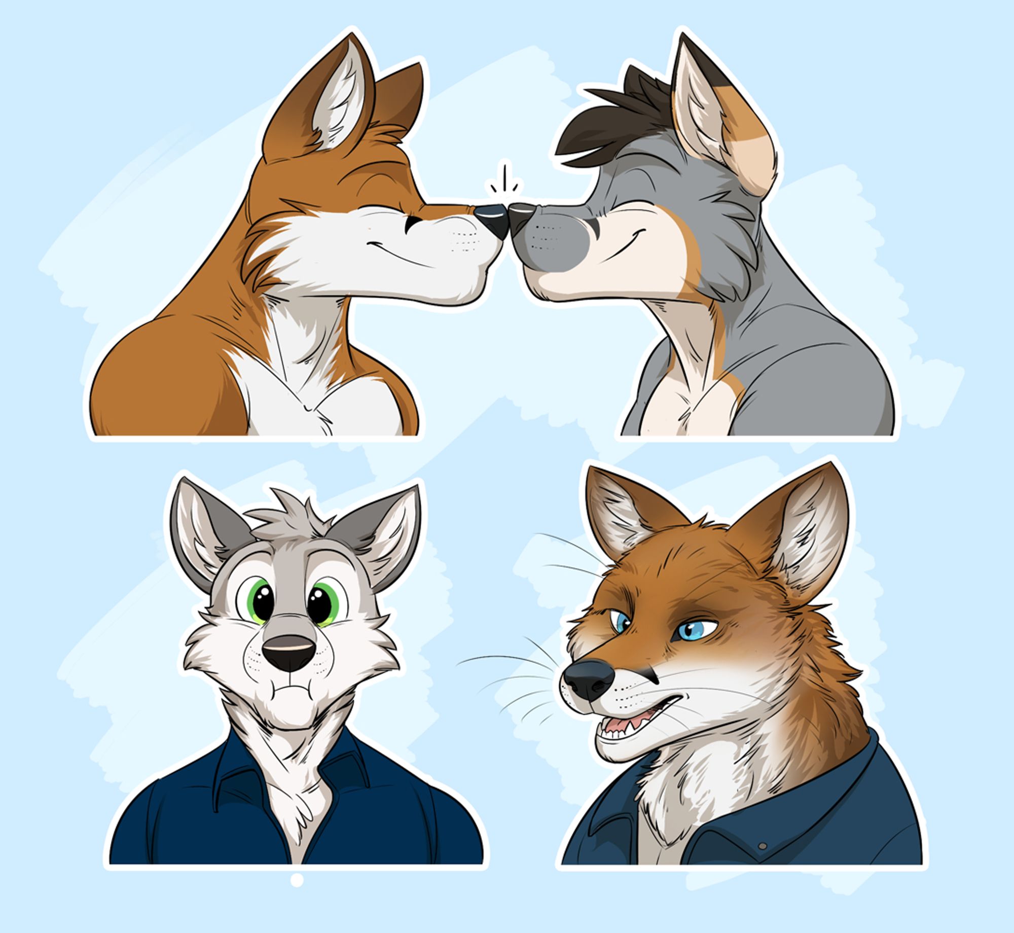 The image features three stickers illustrated by Temiree. The first features two foxes, an orange one named Scott and a grey one named Audio, bumping their noses together happily with closed eyes and big smiles. The second sticker is of an arctic fox named Chase, with big, dilated pupils staring at the camera with a mouth shape that looks like they're holding their breath. In the third and final sticker, it's Scott speaking, but he drawn to look like an actual fox rather than a cartoon. The realistic look of him contrasts with the cartoons around him in a humorous way.