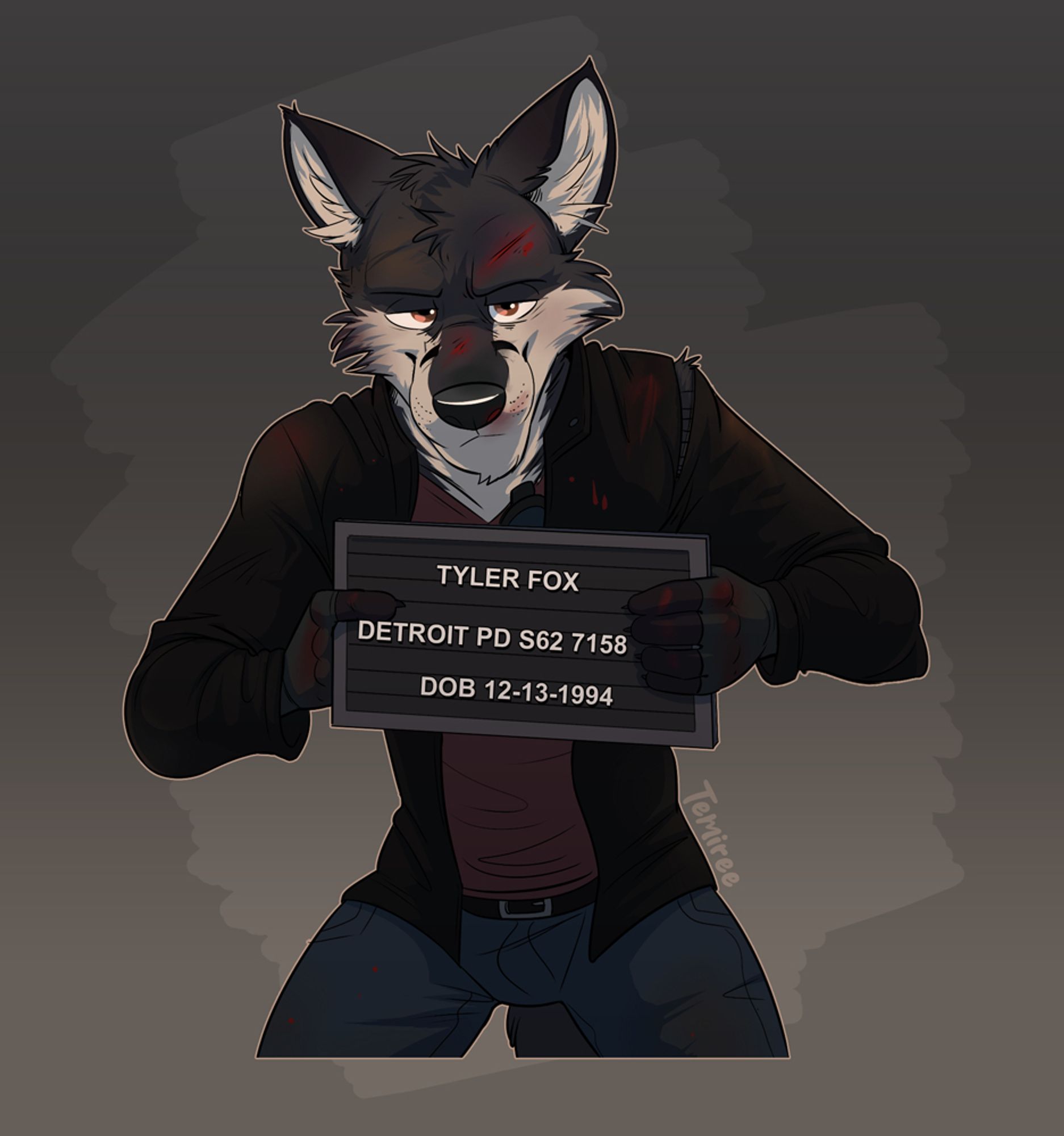 Tyler, an anthropomorphic fox with black and cream colored fur, is holding a board up with his name, case number, and date of birth, as he poses for a mugshot. He looks beat up, with patches of blood, bruising, and dirt all over himself and his clothes (including on his knuckles, a sign that he got into his fight), and the seam of his black leather jacket is split at his left shoulder, leading to fur poking out. He's also wearing a faded red shirt, blue denim jeans, and fingerless gloves. Additionally, he has a pair of sunglasses clipped to his shirt, barely visible behind the board he's holding. He's smirking and looking at the camera with his deep orange eyes, showing absolutely no guilt for whatever he did. On his right hand, he's holding the board so that only one finger is sticking out, pointing at his name and information with pride. The lighting is moody, with Tyler illuminated in slightly orange light, and shadowed in blueish darkness.