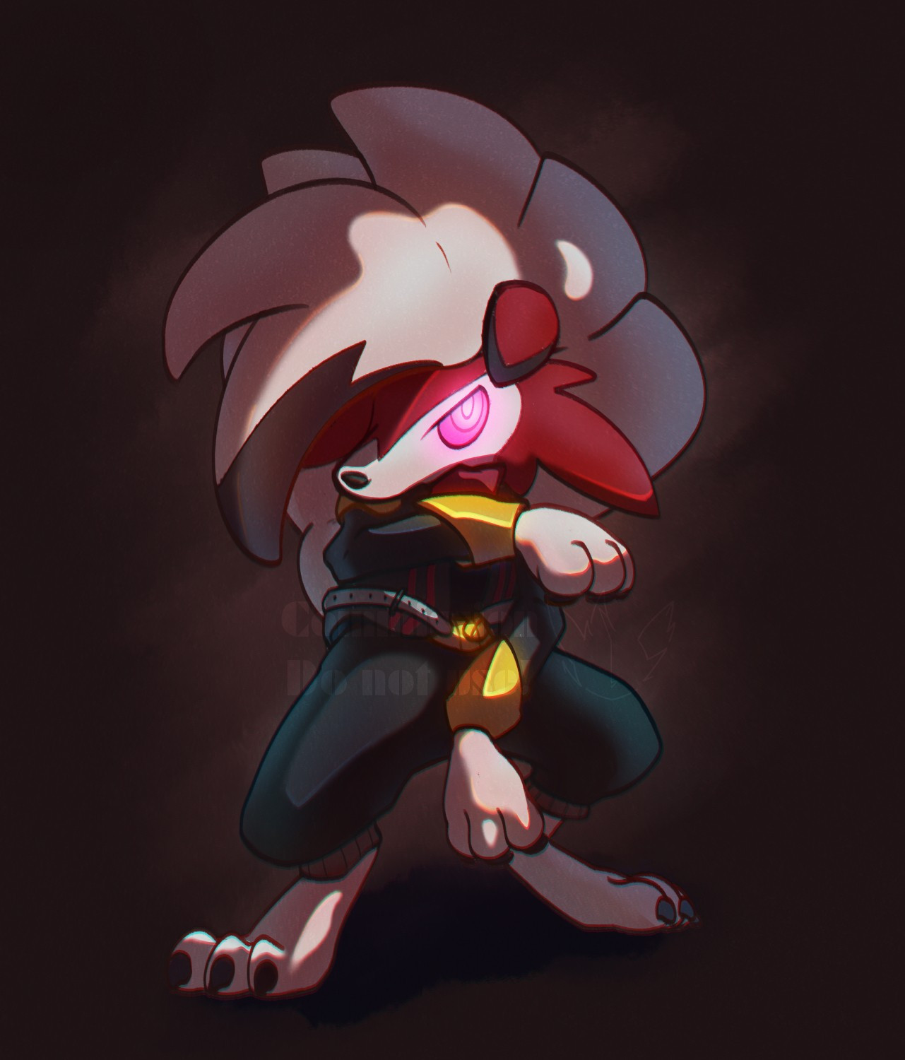 The Pokemon Midnight Lycanroc wearing a black jacket and cargo pants.