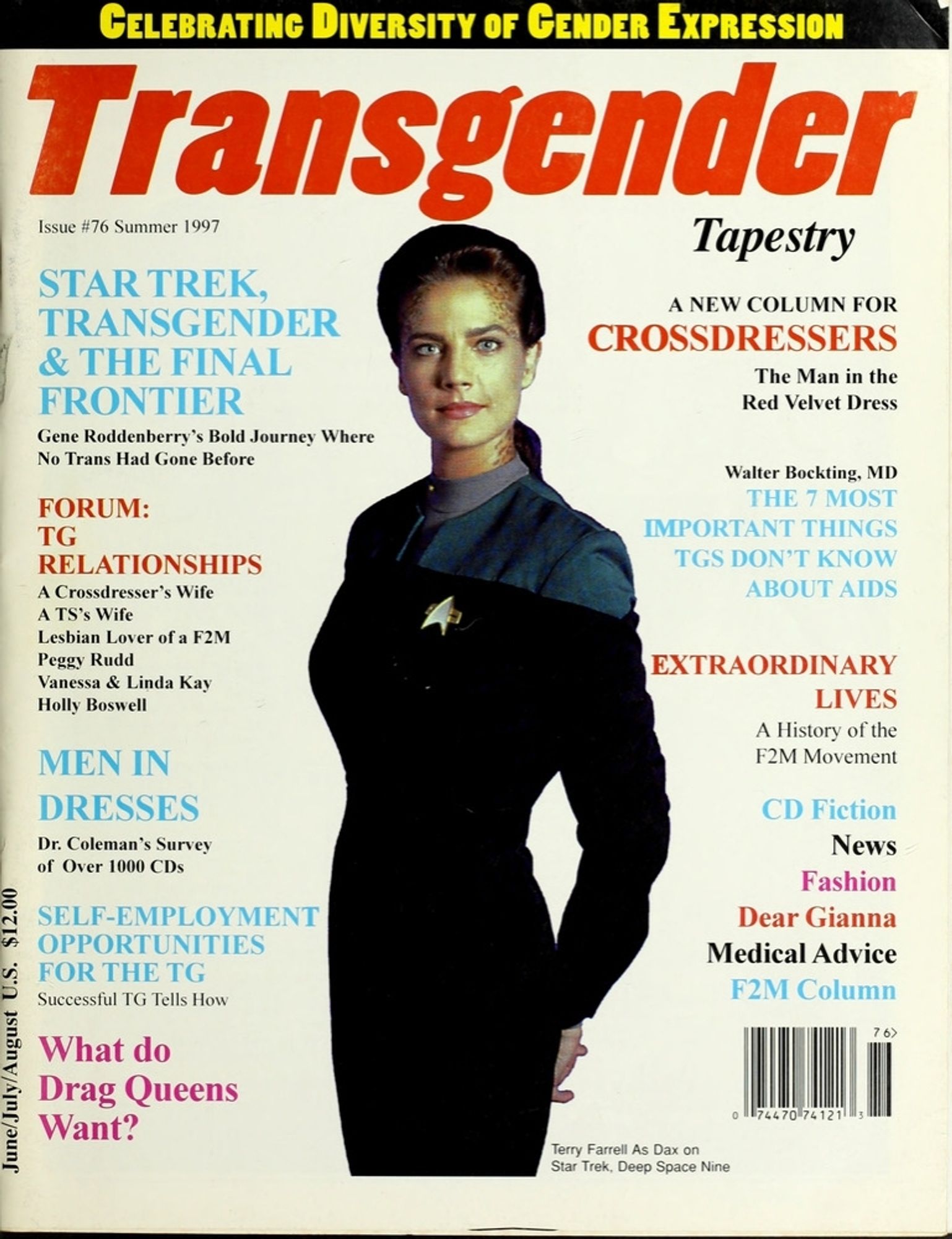 the cover of transgender tapestry #76 , summer 97, with a picture of dax from ds9 on it