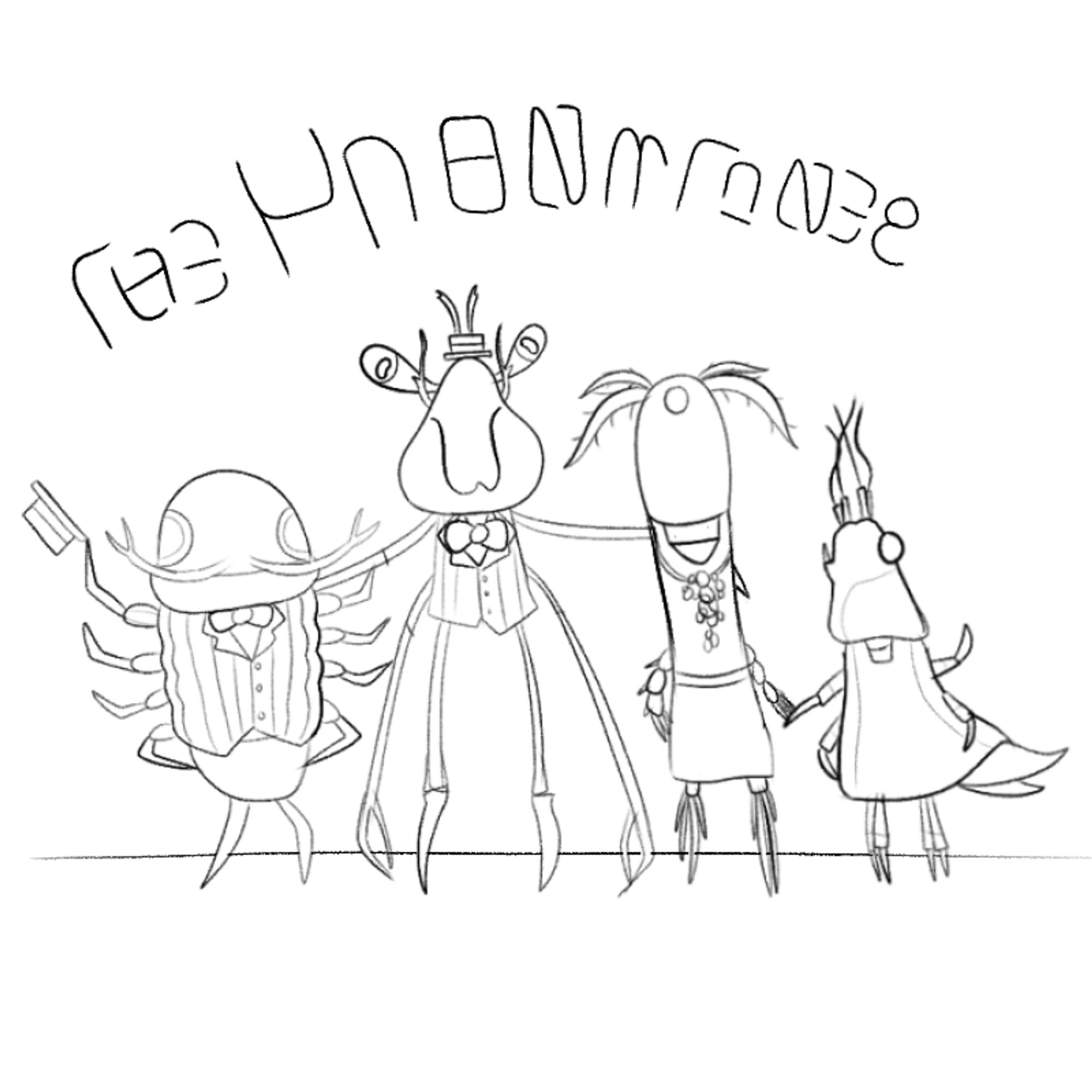 sketch of an album cover for a splatoon OC barbershop quartet "The Planktones," who are all types of plankton, as described. The left two (the amphipod and phyllosoma) are wearing striped suits and have boater hats, while the right two (the copepod and krill) have dresses. "The Planktones" is written above them in splatoon 2 octo expansion's "Deepsea Stencil" script.