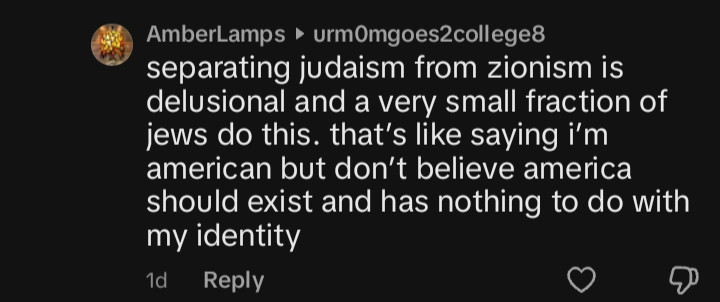 AmberLamps: separating judaism from zionism is delusional and a very small fraction of jews do this. that’s like saying i’m american but don’t believe america should exist and has nothing to do with my identity