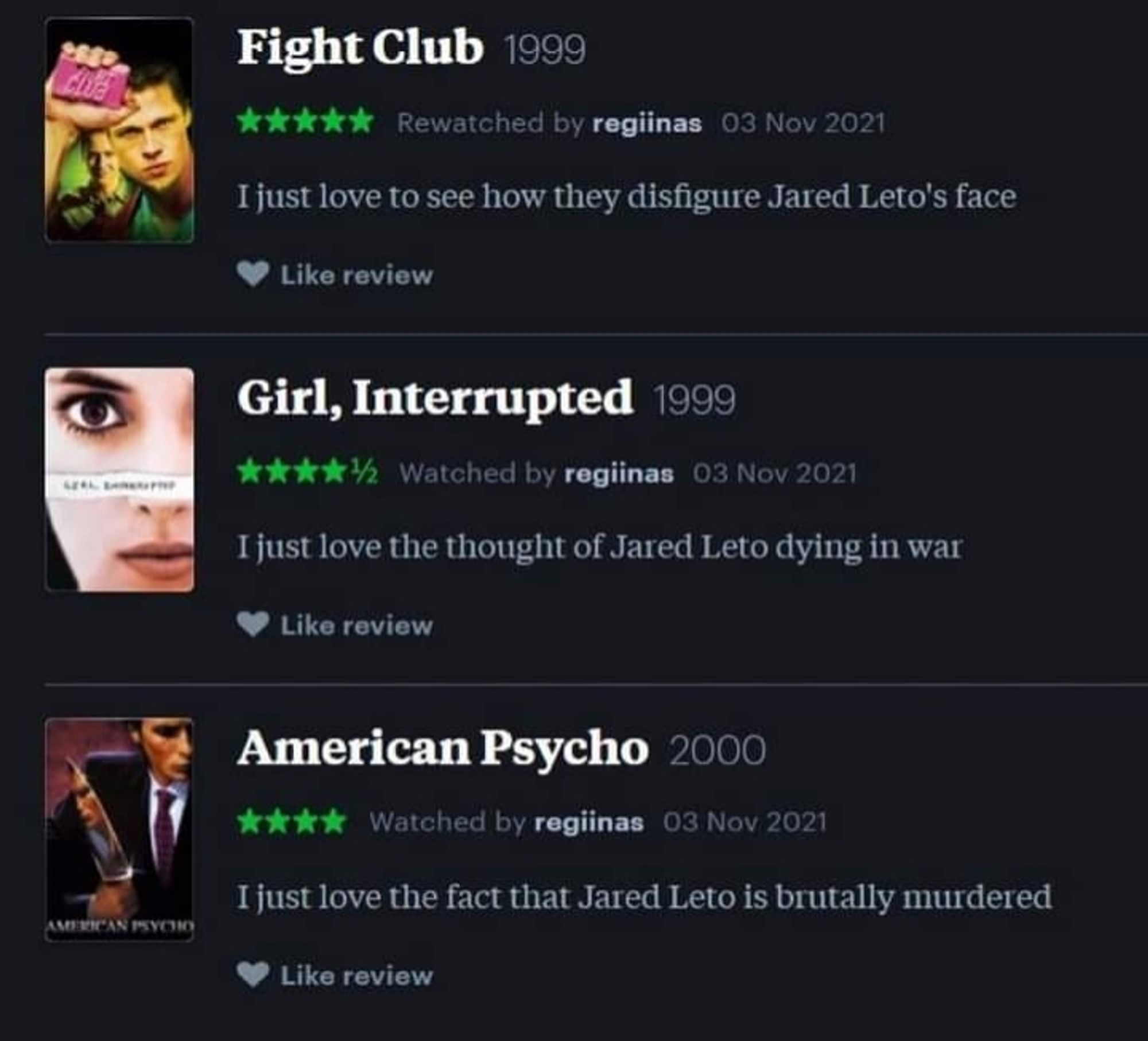 3 reviews from regiinas 

 Fight Club 
"I just love to see how they disfigure Jared Leto's face."

Girl, Interrupted 
"I just love the thought of Jared Leto dying in war."

American Psycho

"I just love the fact that Jared Leto is brutally murdered."