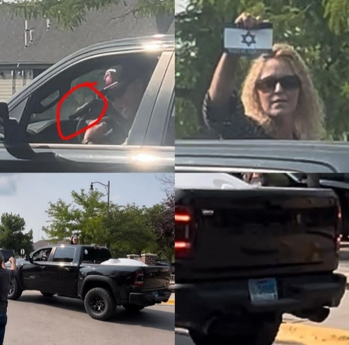 4 panels, 
A man pointing a gun at Lakota youth protesting the genocide in Palestine. 

A woman holding up the Israeli flag

A shot of their black truck 

A license plate (I can't read it).