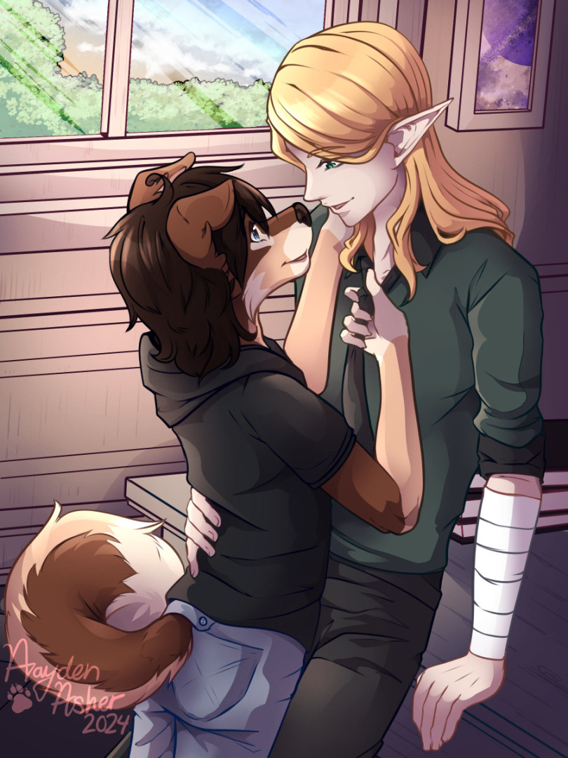 Digital art of Aayden, an anthro dog, resting against the elf, Tristan as he playfully tugs on his tie in the Professor's office. 