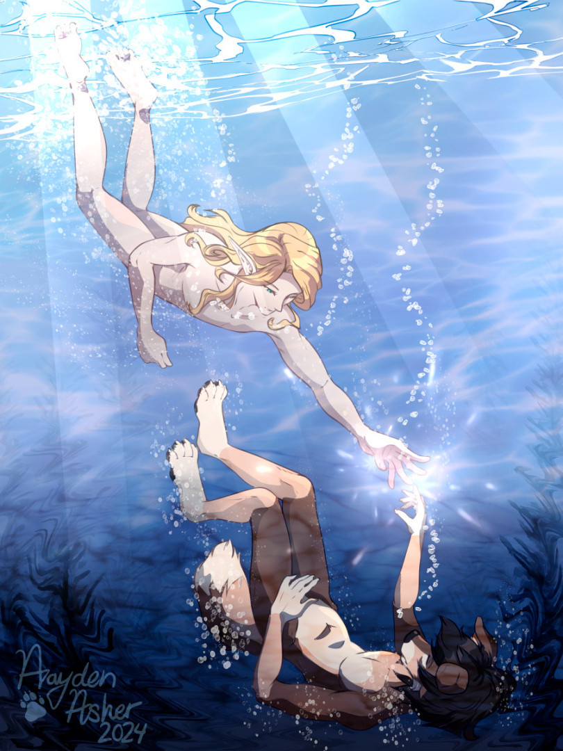 Digital art of an underwater scene. An anthro dog sinks while an elf dives after him, their hands barely touching as light sparks between them.