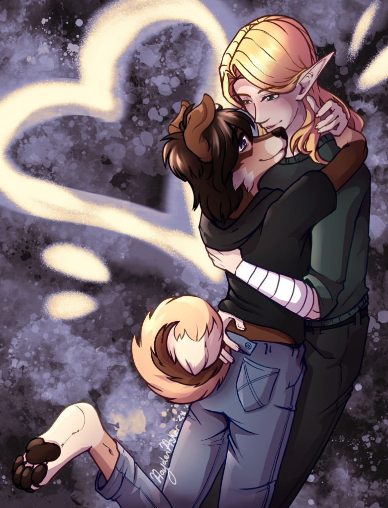 Digital art of an anthro dog hugging his elven mate as they celebrate together.