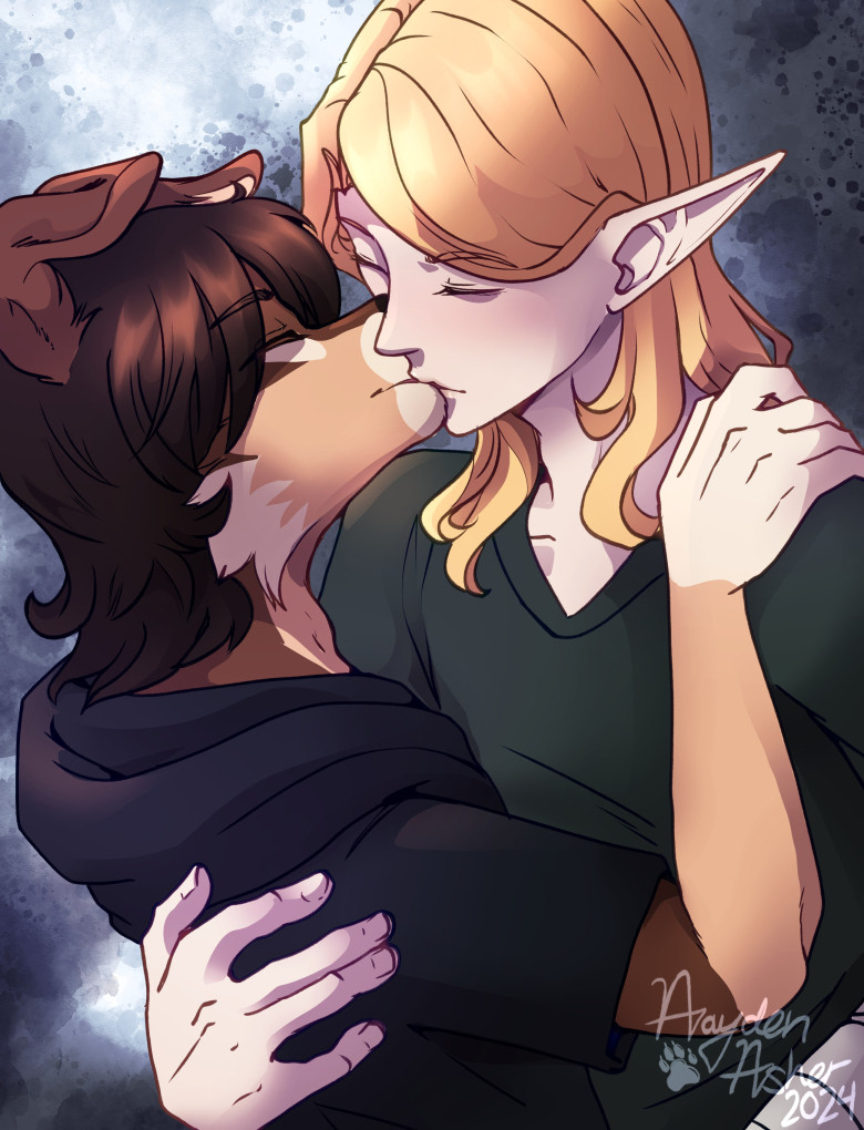 Digital art of an anthro dog kissing his elven mate.