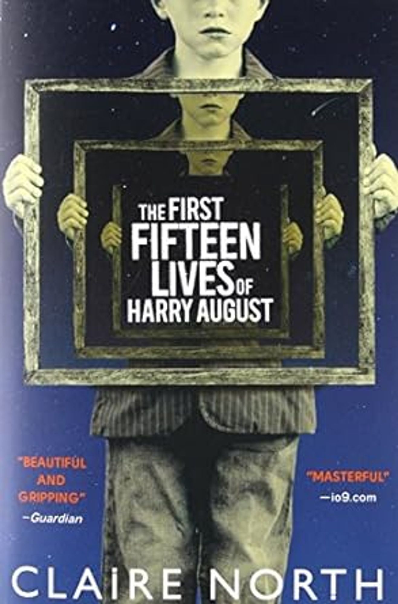 The cover of the book, The First Fifteen Lives of Harry August. It shows a young boy from the early 20th Century holding an empty frame that contains him holding a frame, which contains him holding a frame, etc.