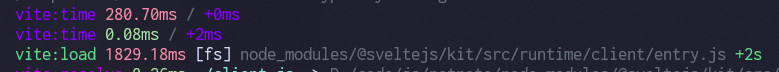 A screenshot of Vite debug logs showing a 1829ms load on SvelteKit client entry