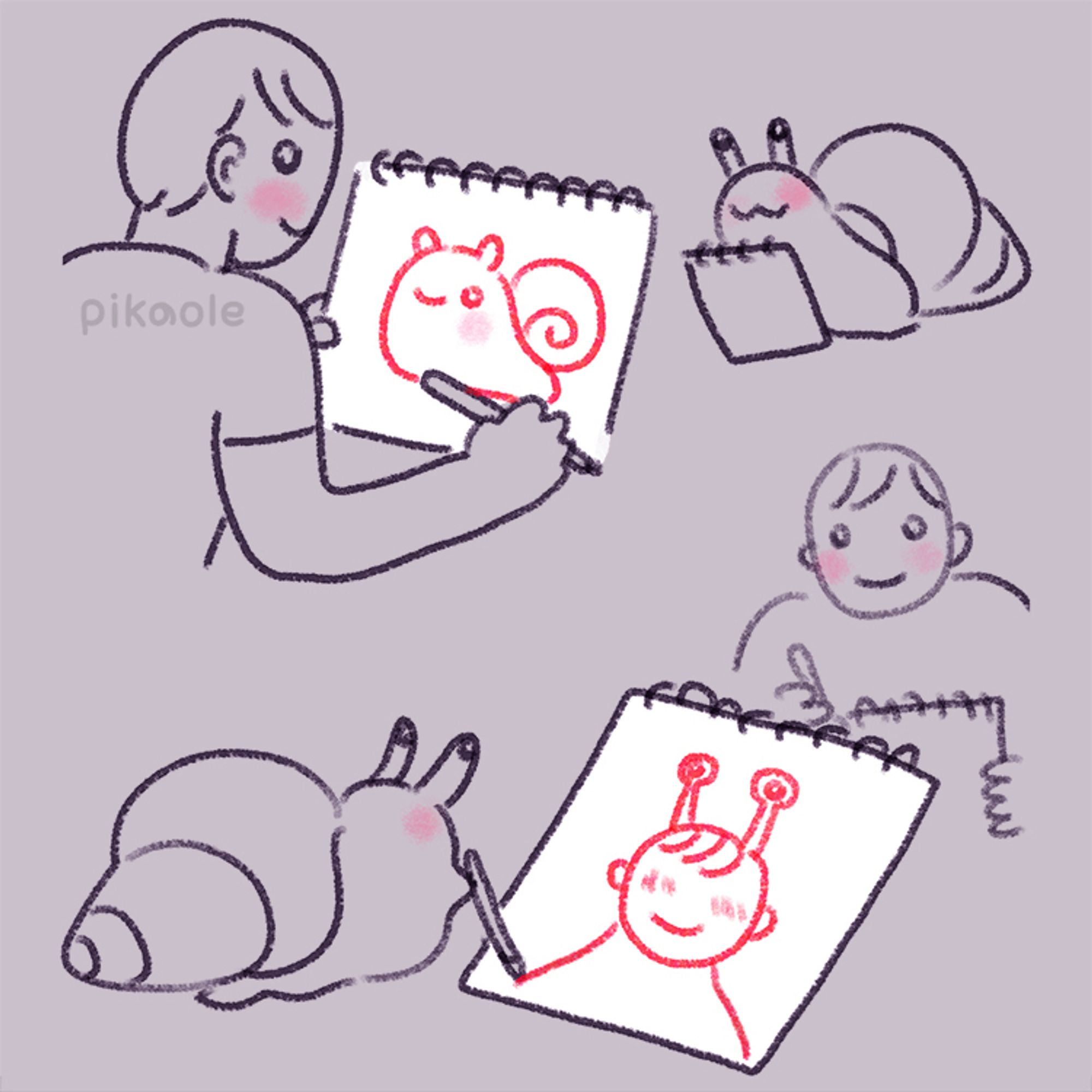 A human and a snail are drawing each other in a sketchbook.

The human is drawing eyes on the snail's body,
and the snail is drawing eyes on the human's head.