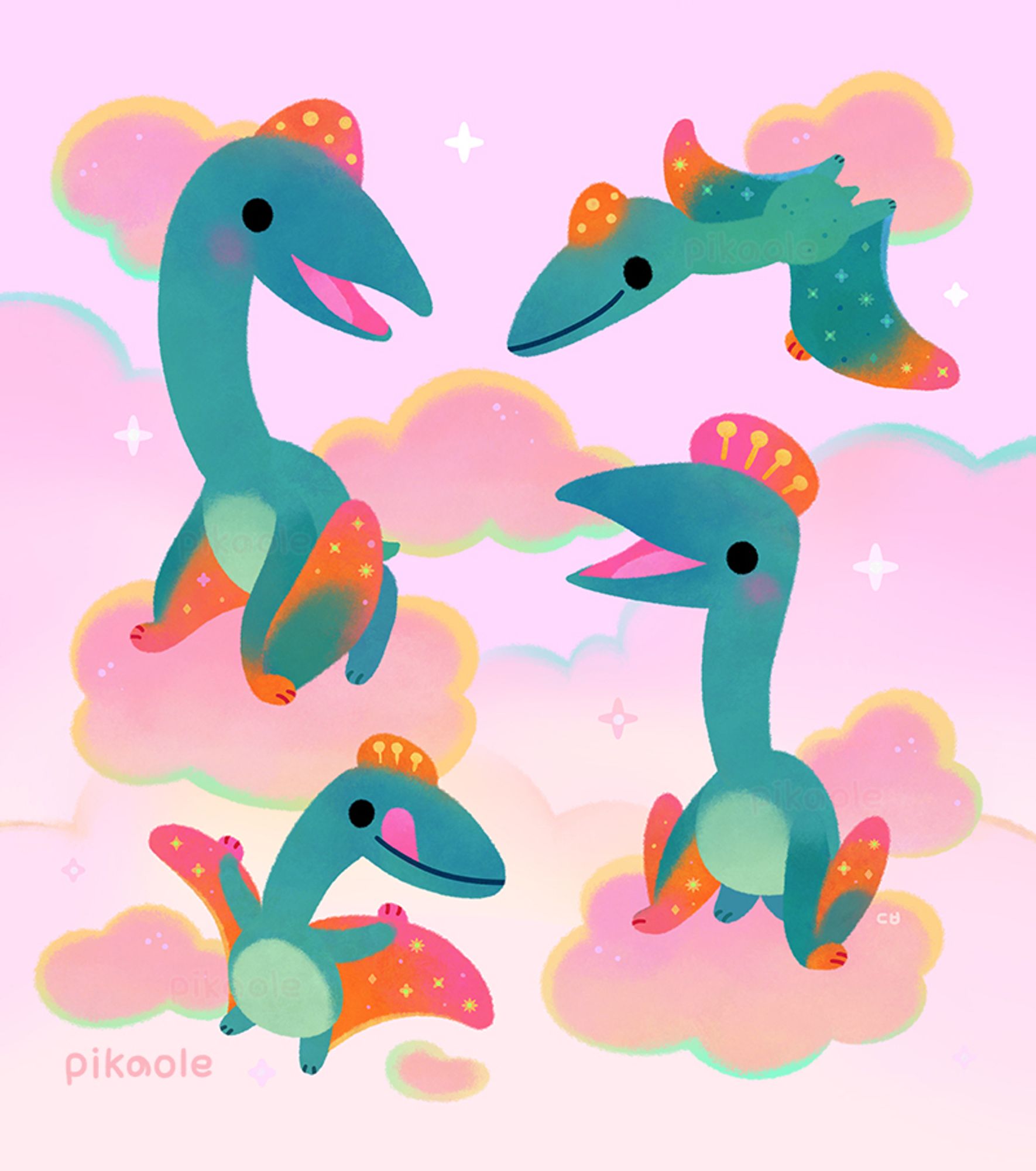 Four Quetzalcoatlus are on a pink cloud.
They have turquoise body color and orange wings and crest.
Two are sitting on the cloud and two are flying in the sky.